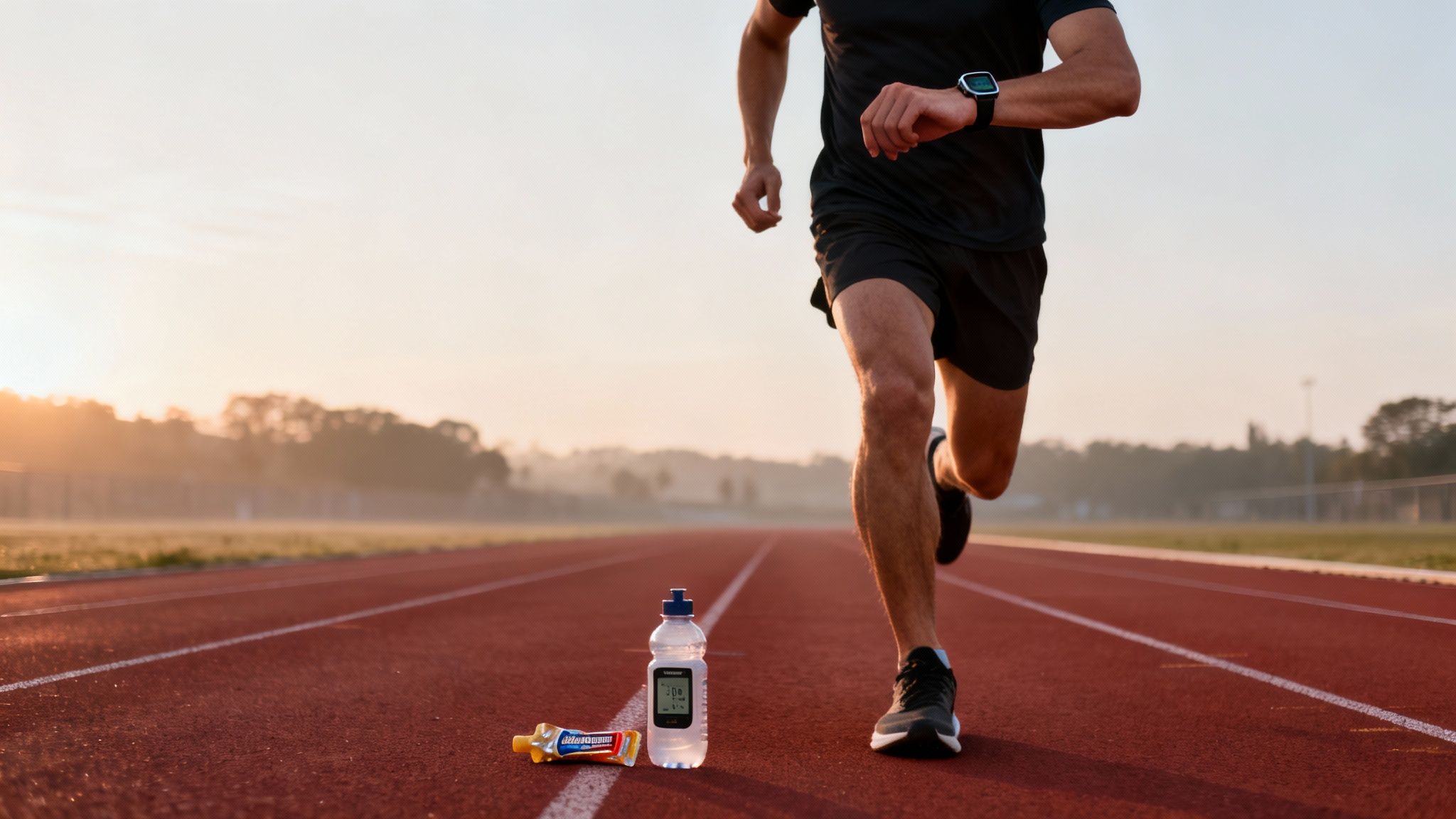 Athlete running on a track during sunrise, with a smartwatch, water bottle, and energy gel.