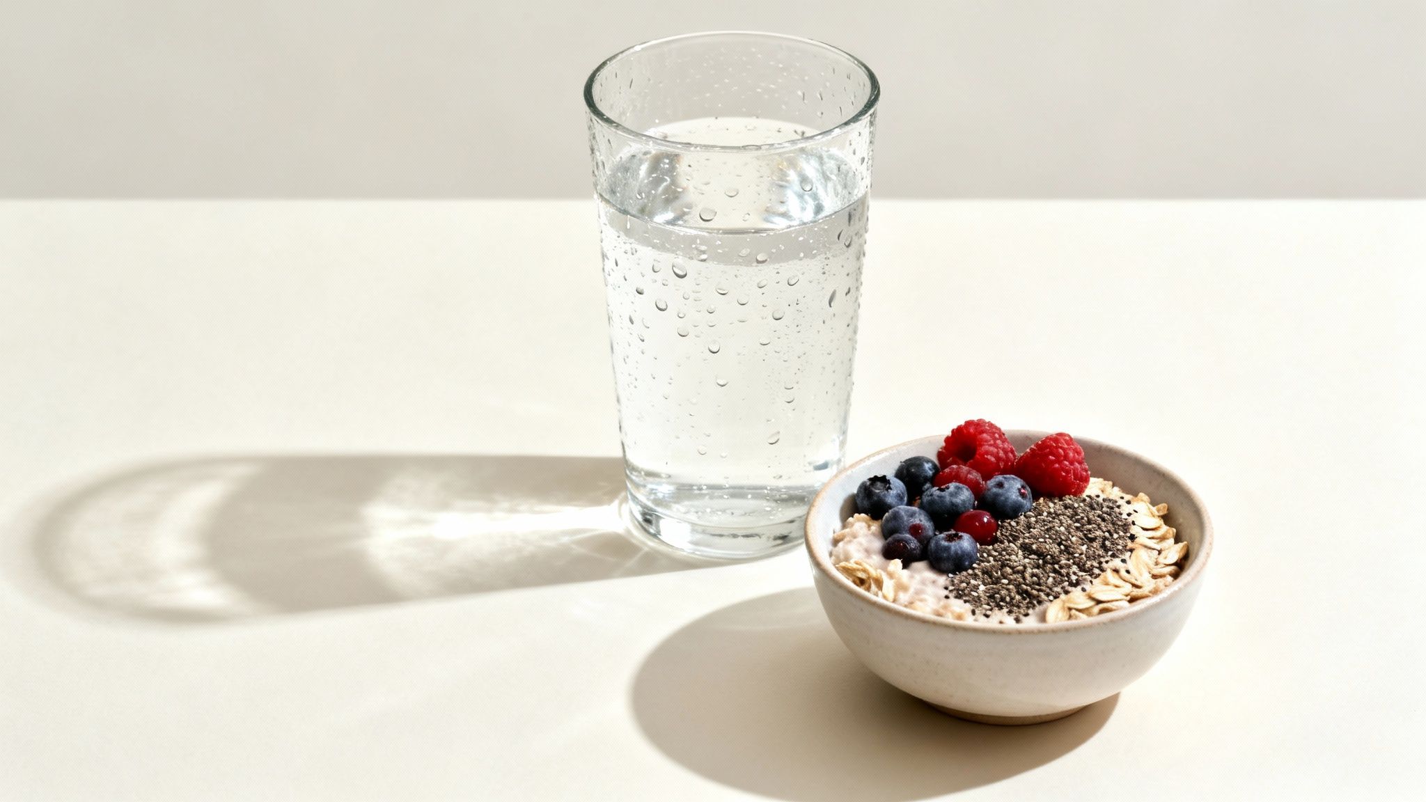 A glass of water next to a bowl of oatmeal with blueberries, raspberries, and chia seeds.