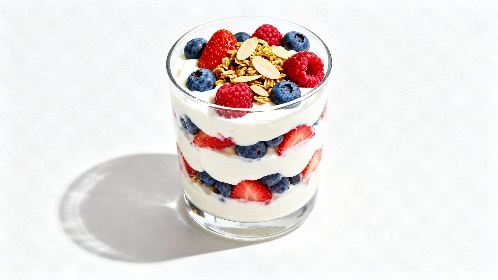 A vibrant yogurt parfait in a glass with layers of fresh berries, granola, and creamy yogurt.