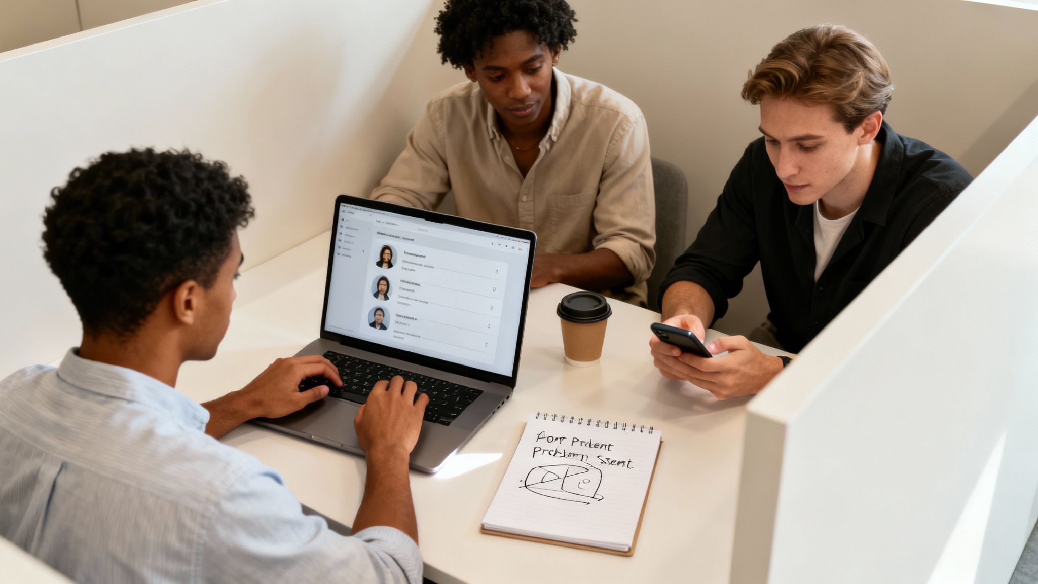 Diverse young men collaborate on laptops and phones in a modern office, brainstorming business ideas.