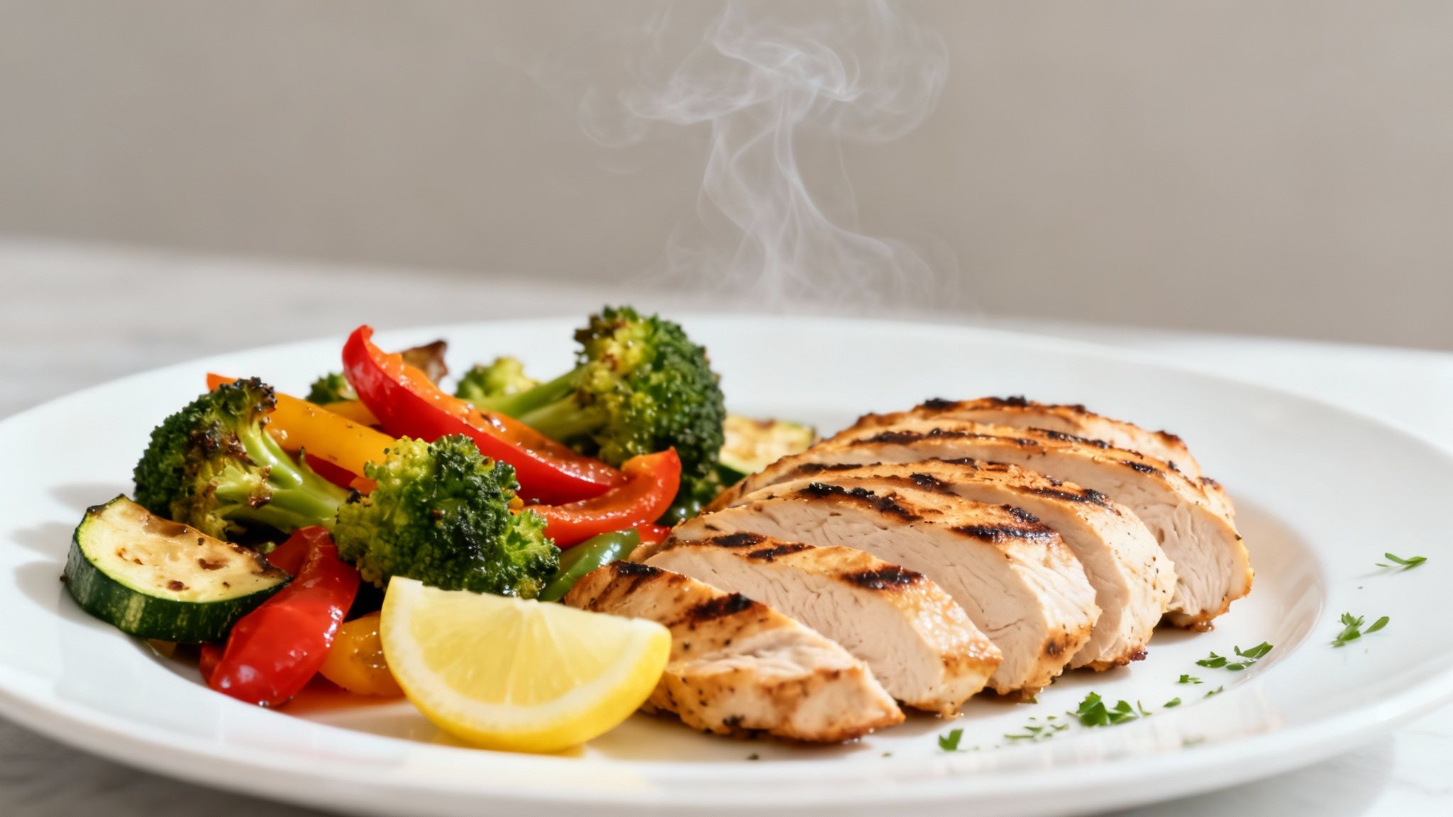 Steaming grilled chicken and vibrant roasted vegetables with a lemon wedge on a white plate.