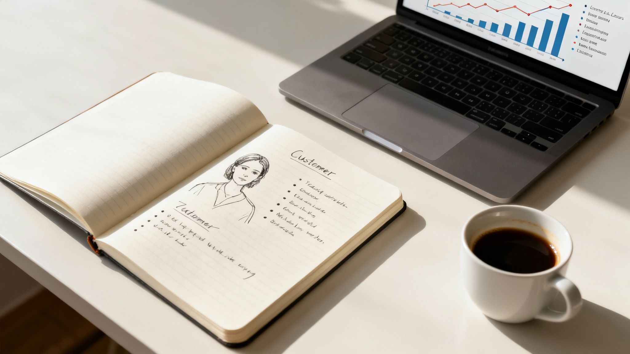A notebook open to a customer persona sketch and notes, a laptop showing graphs, and a coffee mug.