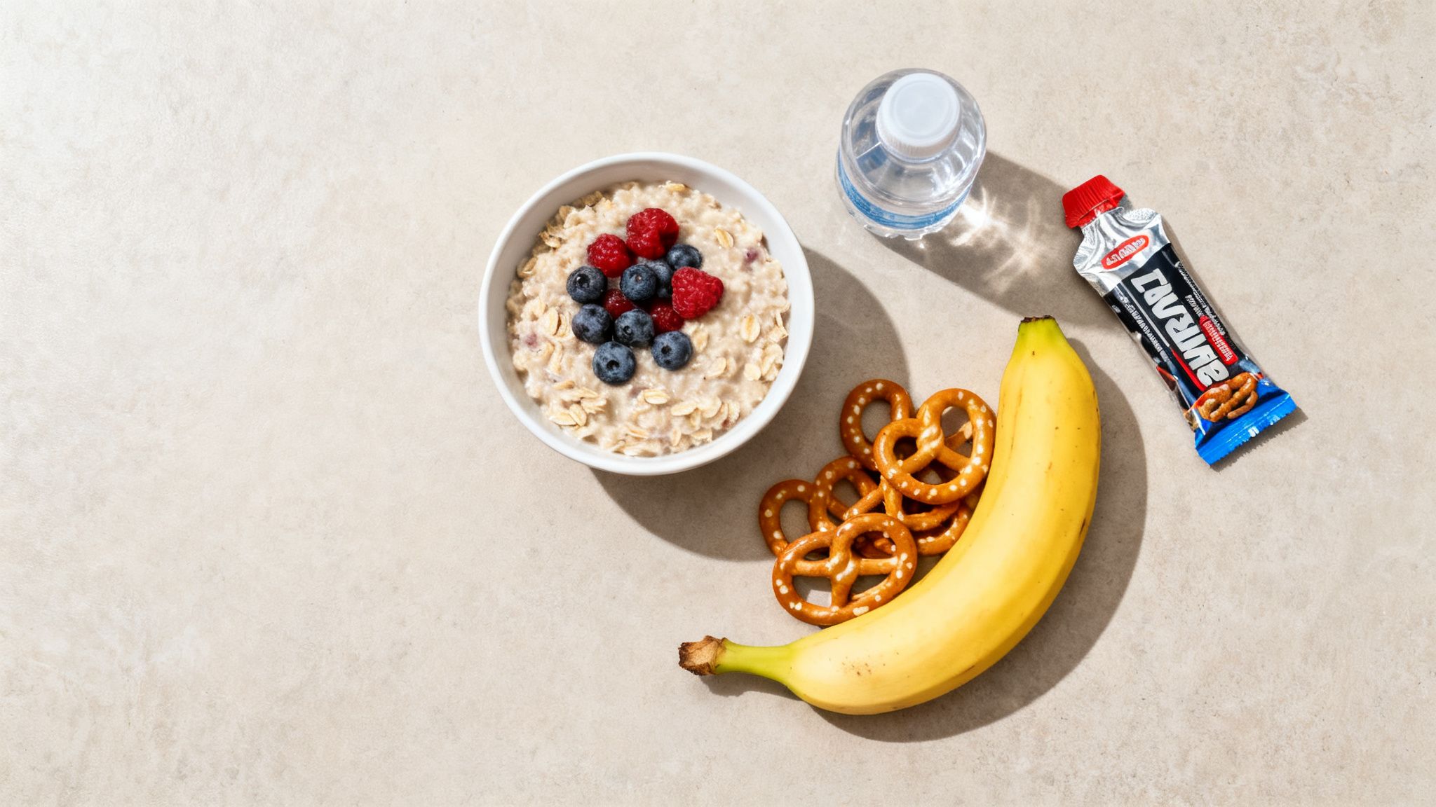 A healthy pre-run spread with oatmeal, berries, banana, pretzels, water, and energy gel.