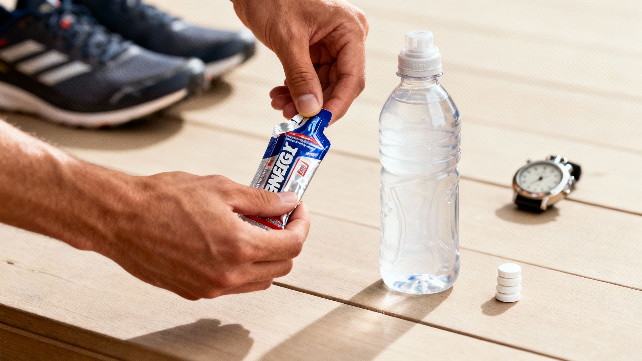 A person opening an energy gel packet next to a water bottle, running shoes, and a watch.