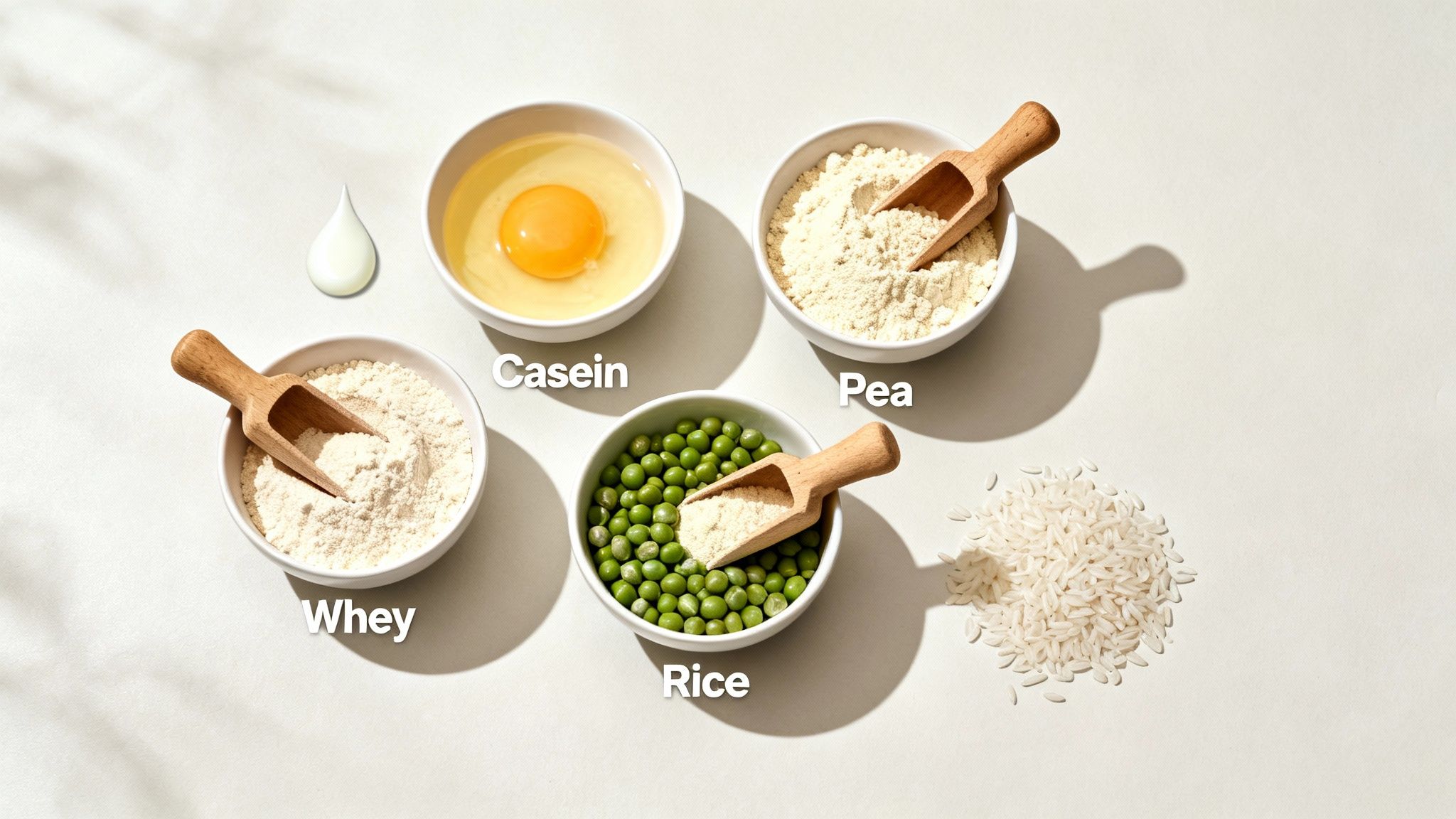 Various protein sources: whey, pea, rice powders, raw egg, and rice grains on a light surface.
