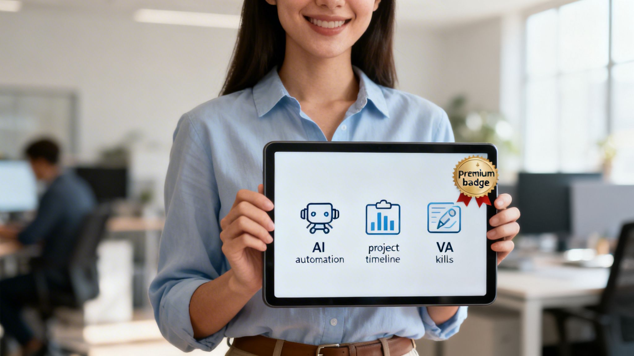 Smiling person holds a tablet displaying icons for AI automation, project timeline, and VA kills, with a premium badge.