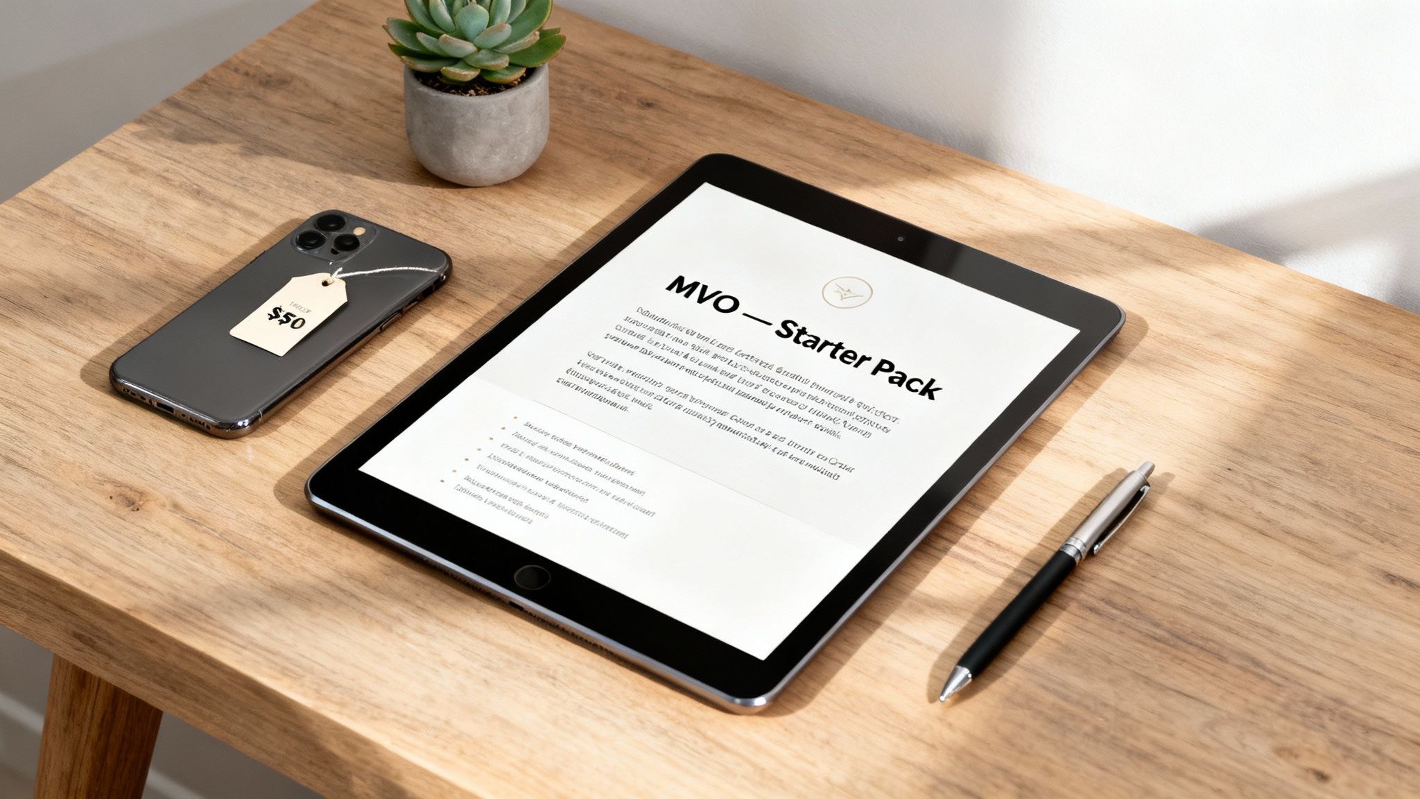 An organized workspace featuring a smartphone with a $50 price tag, a tablet, pen, and a succulent plant.