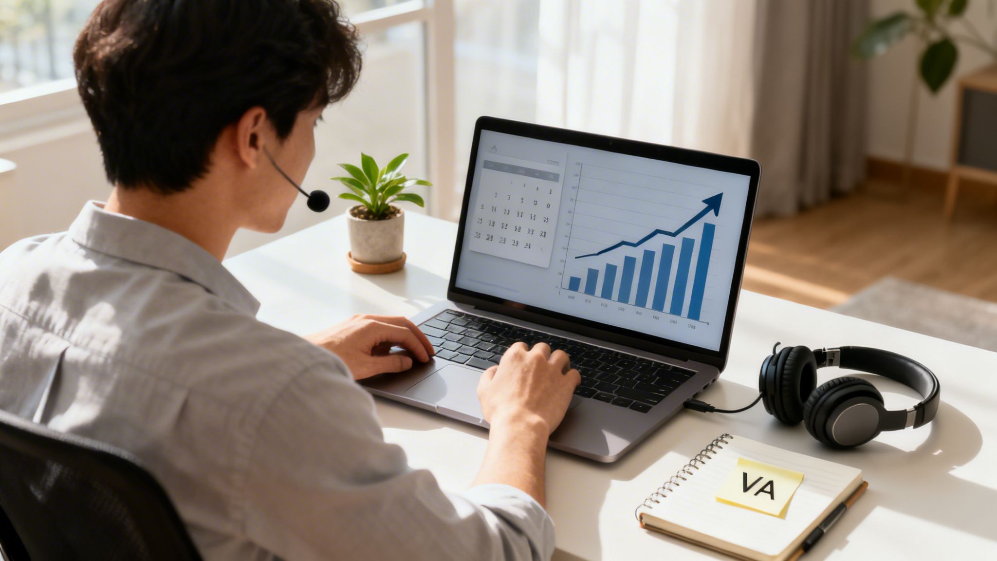 Young man wearing a headset typing on a laptop, displaying business growth chart.