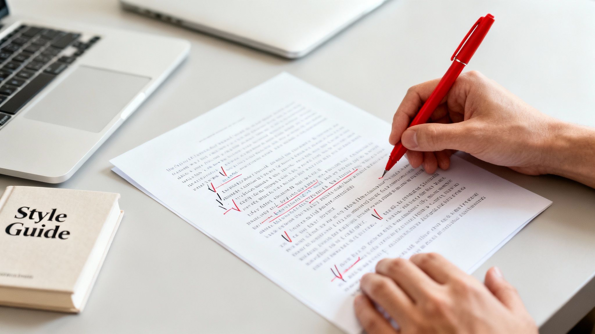 Hands using a red pen to mark edits on a document, with a 'Style Guide' book and laptop on a desk.