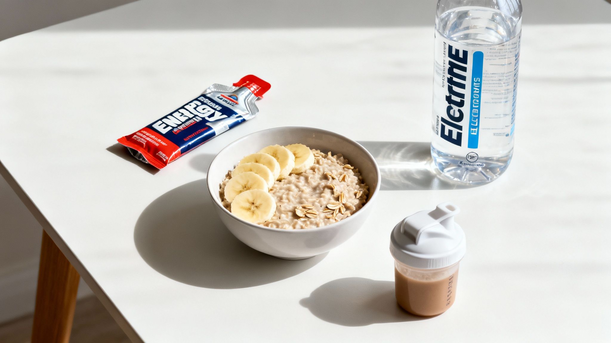 Nutritious pre-workout meal: oatmeal with banana, energy gel, electrolyte water, and a protein shake.