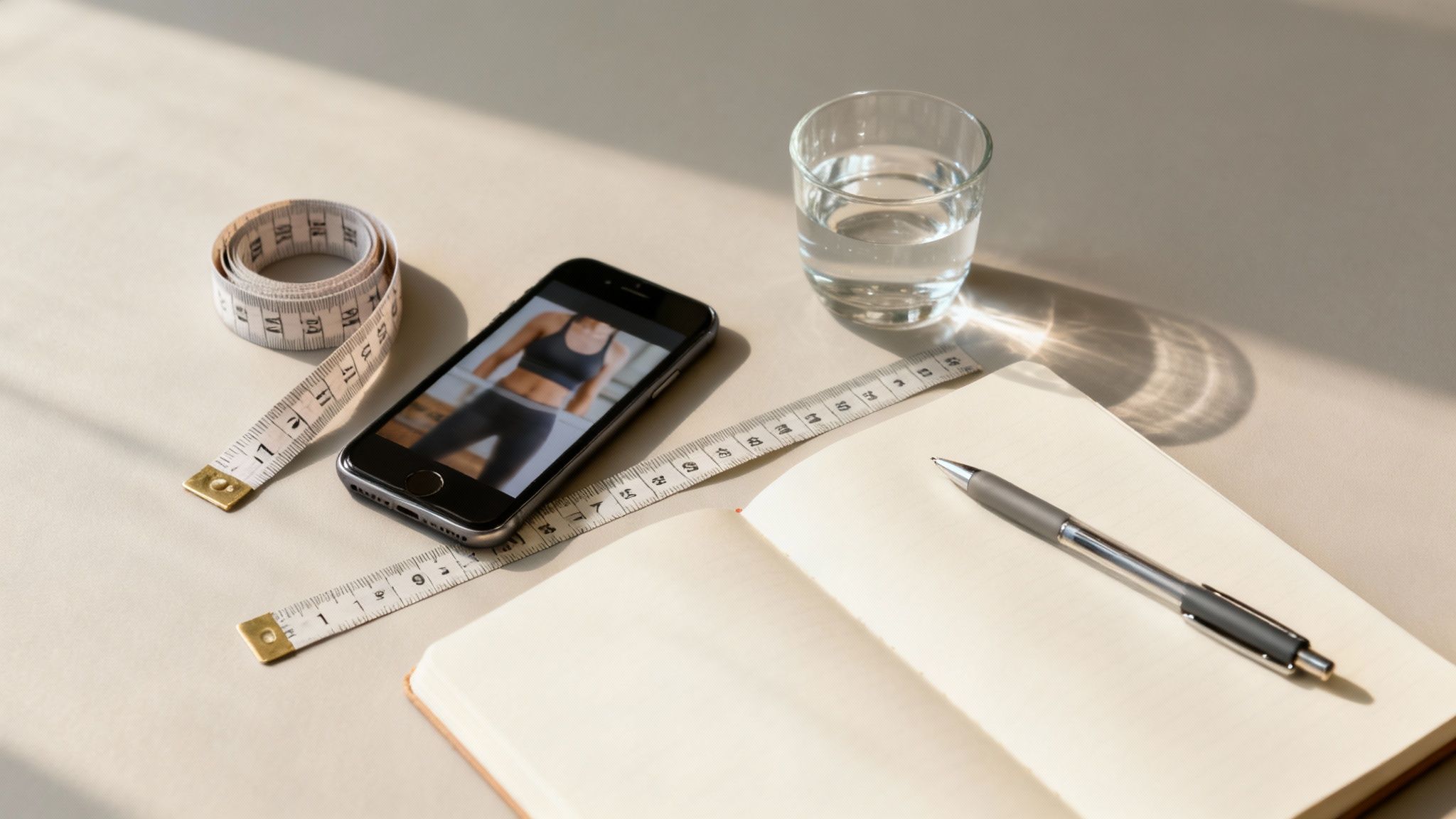 A flat lay of fitness essentials: smartphone displaying a fit woman, measuring tape, glass of water, notebook, and pen.