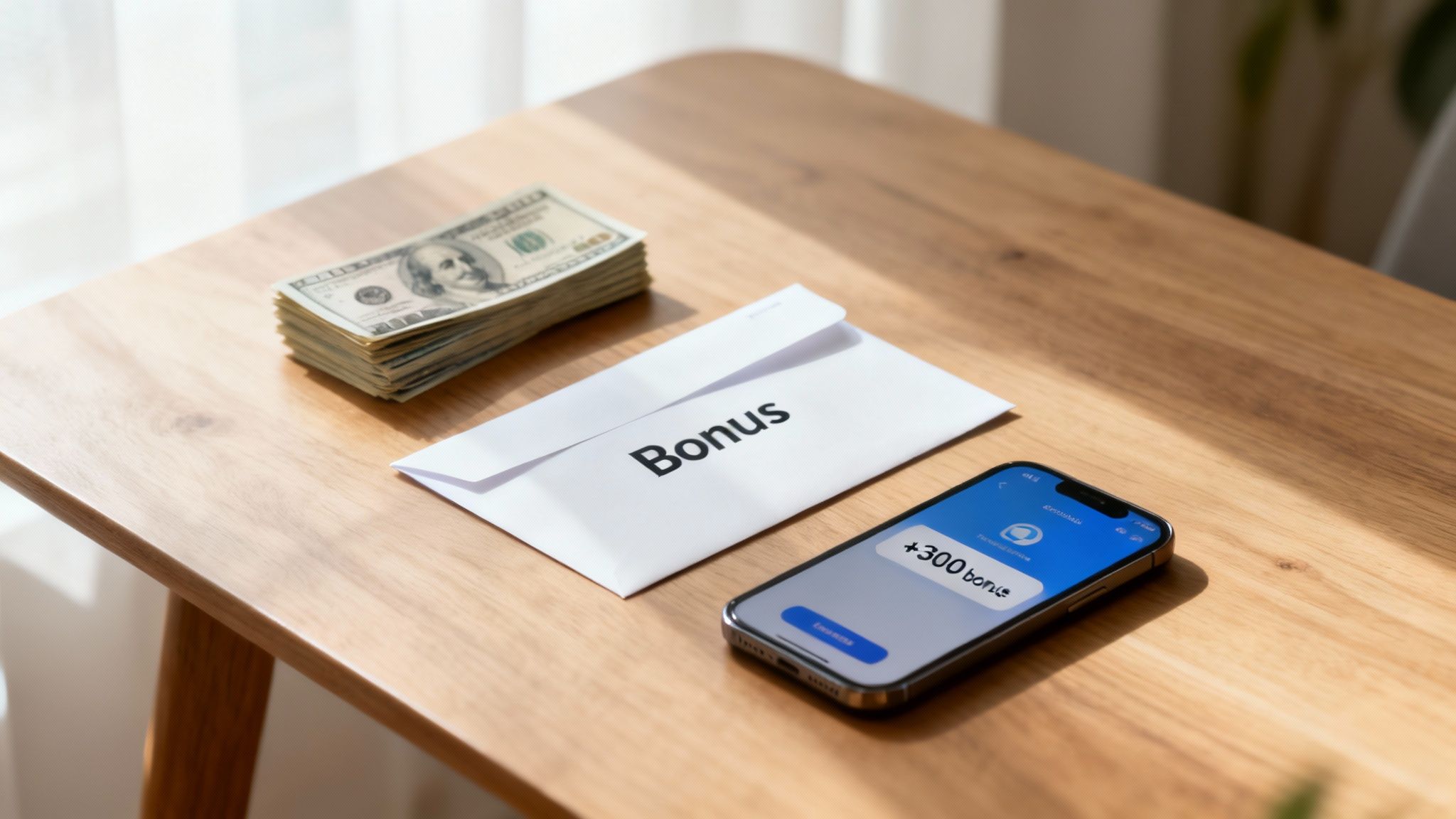 A stack of US dollar bills, an envelope labeled 'Bonus', and a smartphone displaying a bonus on a wooden table.