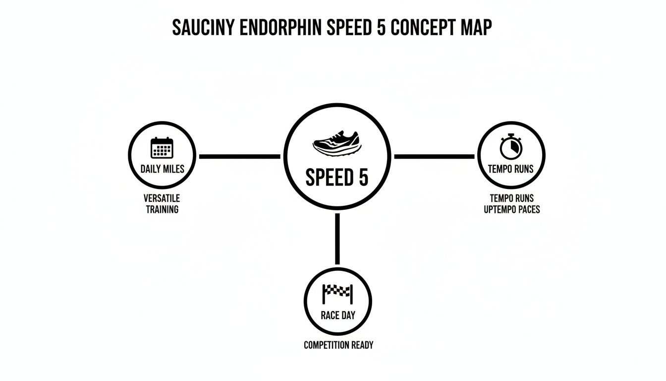Saucony Endorphin Speed 5 concept map detailing versatile training, tempo runs, and race day uses.