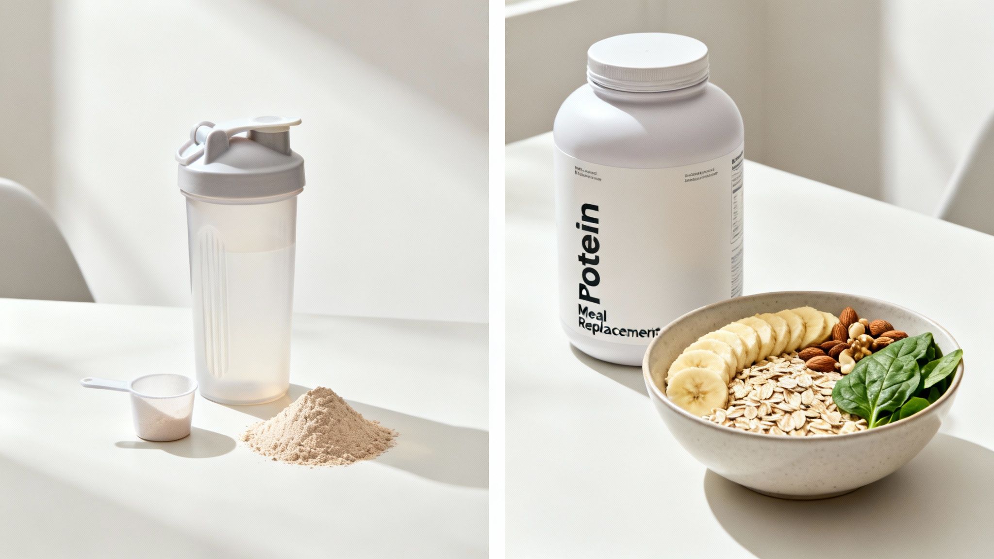 A protein shaker bottle with powder, and a meal replacement tub with a bowl of oatmeal, fruit, nuts, and spinach.
