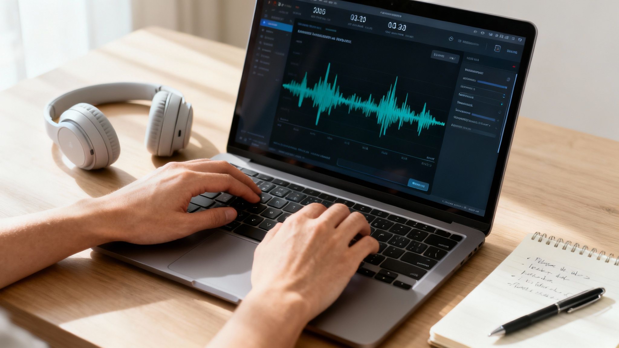 Person typing on a laptop with an audio waveform on screen, headphones nearby on a desk.