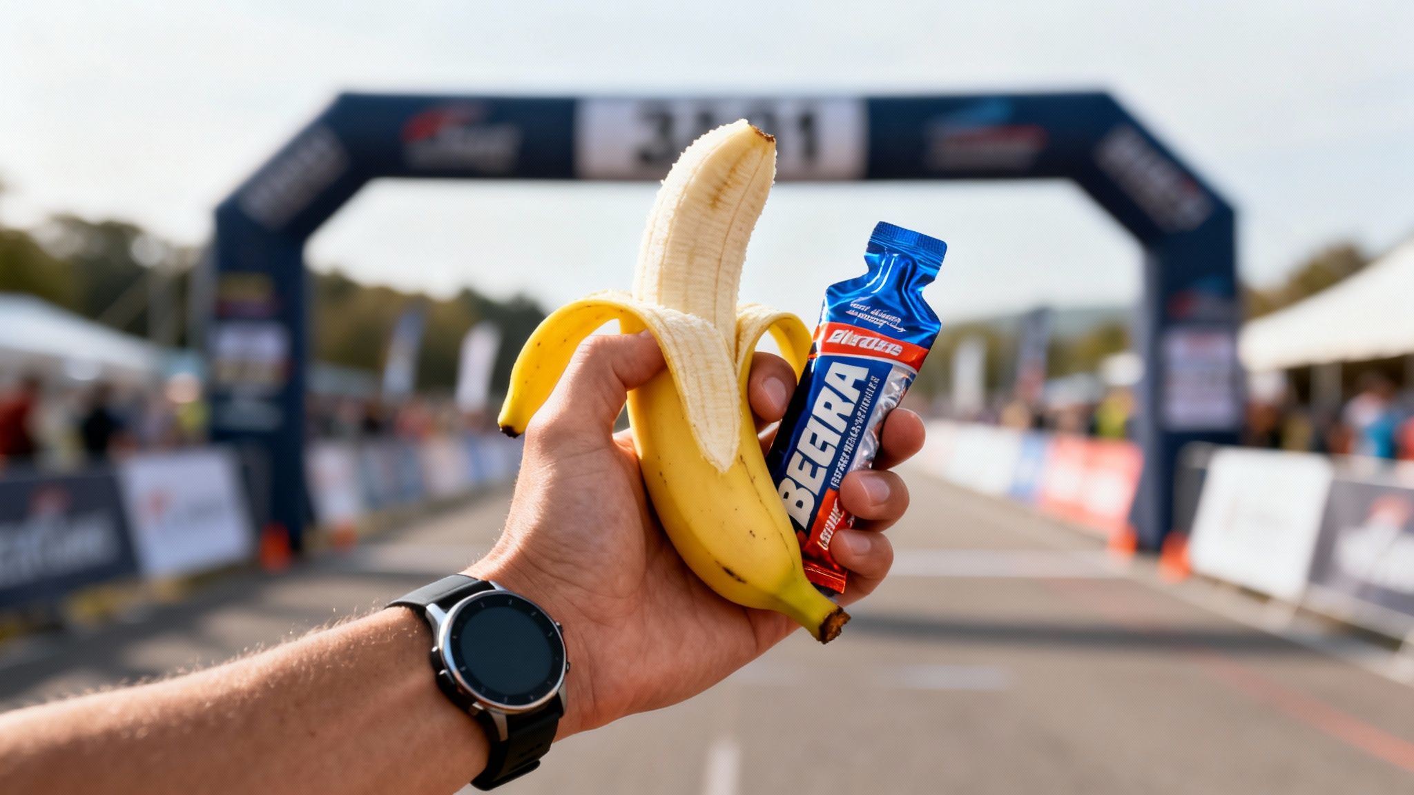 A hand holds a peeled banana and BEERA energy gel with a blurred race finish line arch in the background.