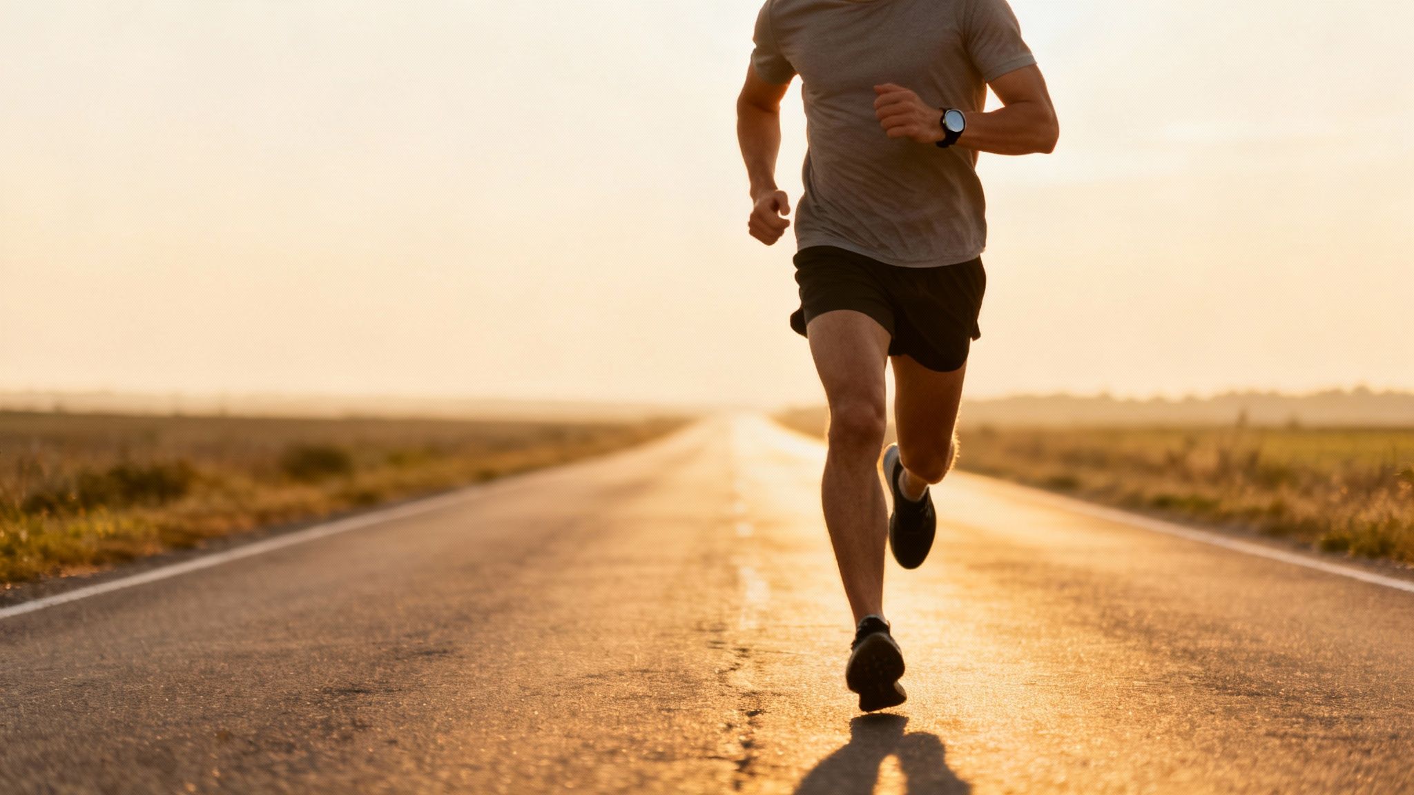 A person running on a long, empty road at golden hour, wearing a smartwatch.