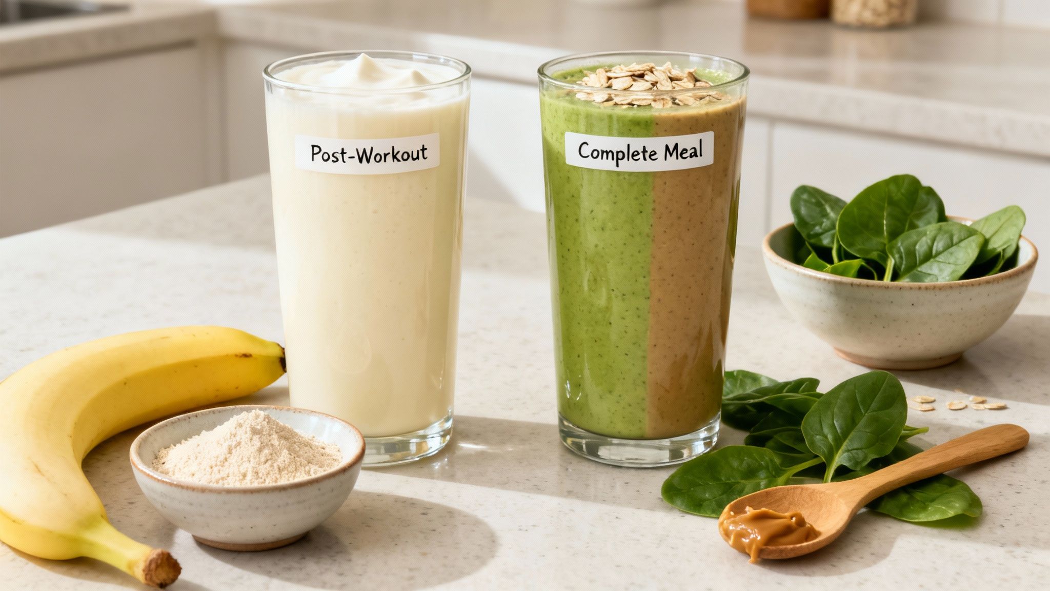 Two healthy smoothies, one for post-workout and one complete meal, with ingredients like banana, spinach, and protein.