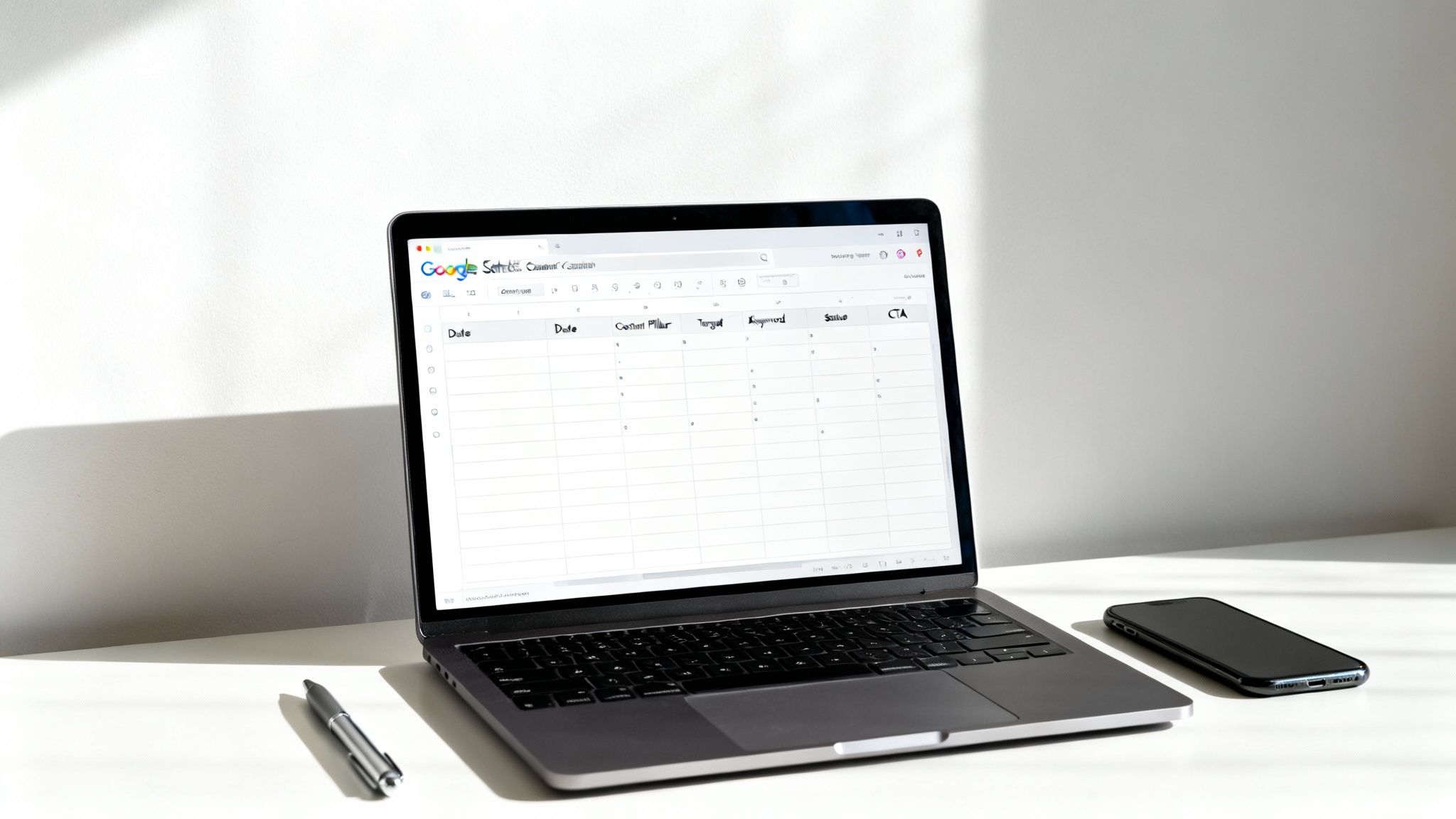 A laptop displaying a content calendar in Google Sheets, with a smartphone and pen on a white desk.