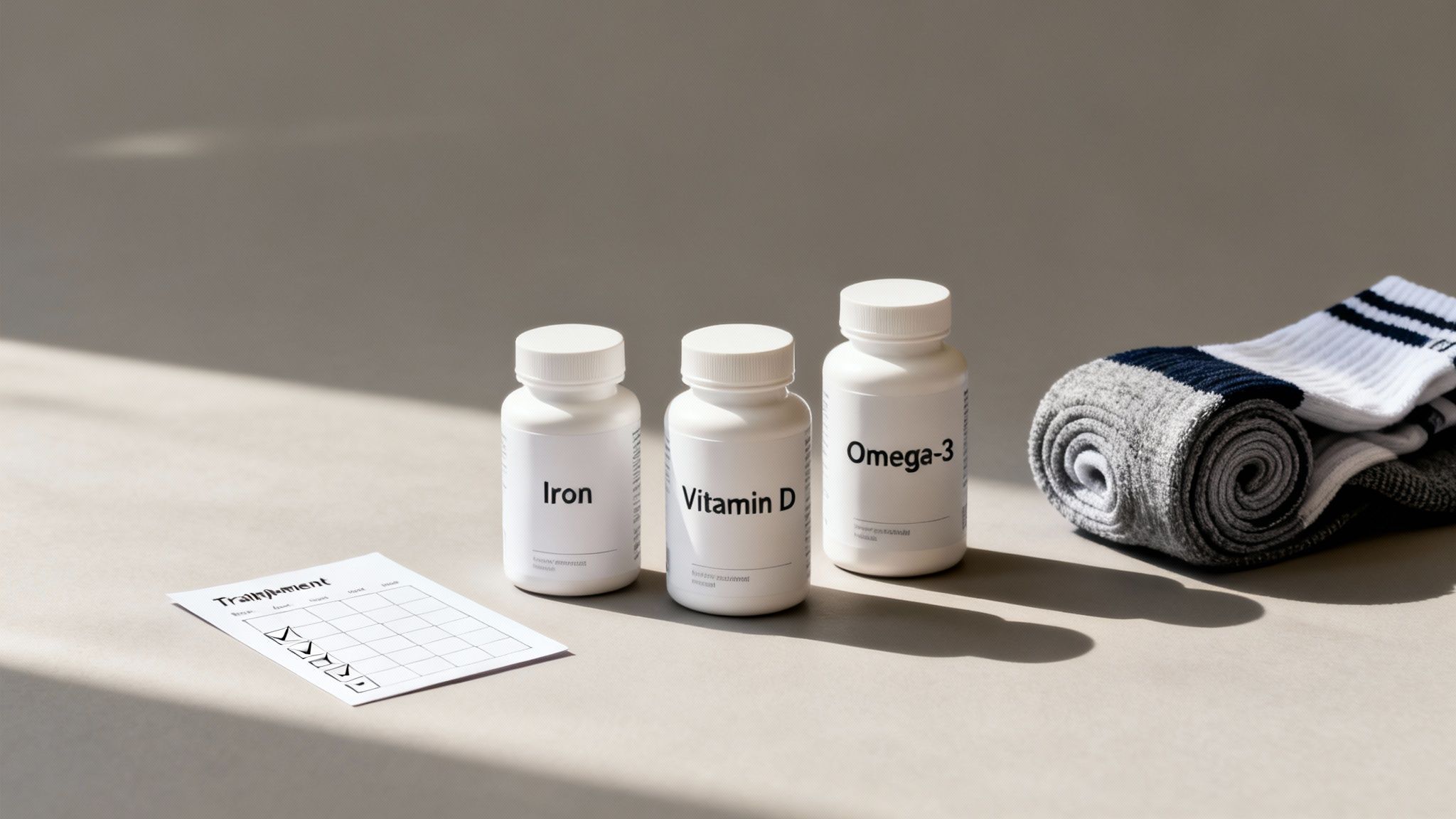 Three supplement bottles for Iron, Vitamin D, and Omega-3, next to a training checklist and rolled socks.