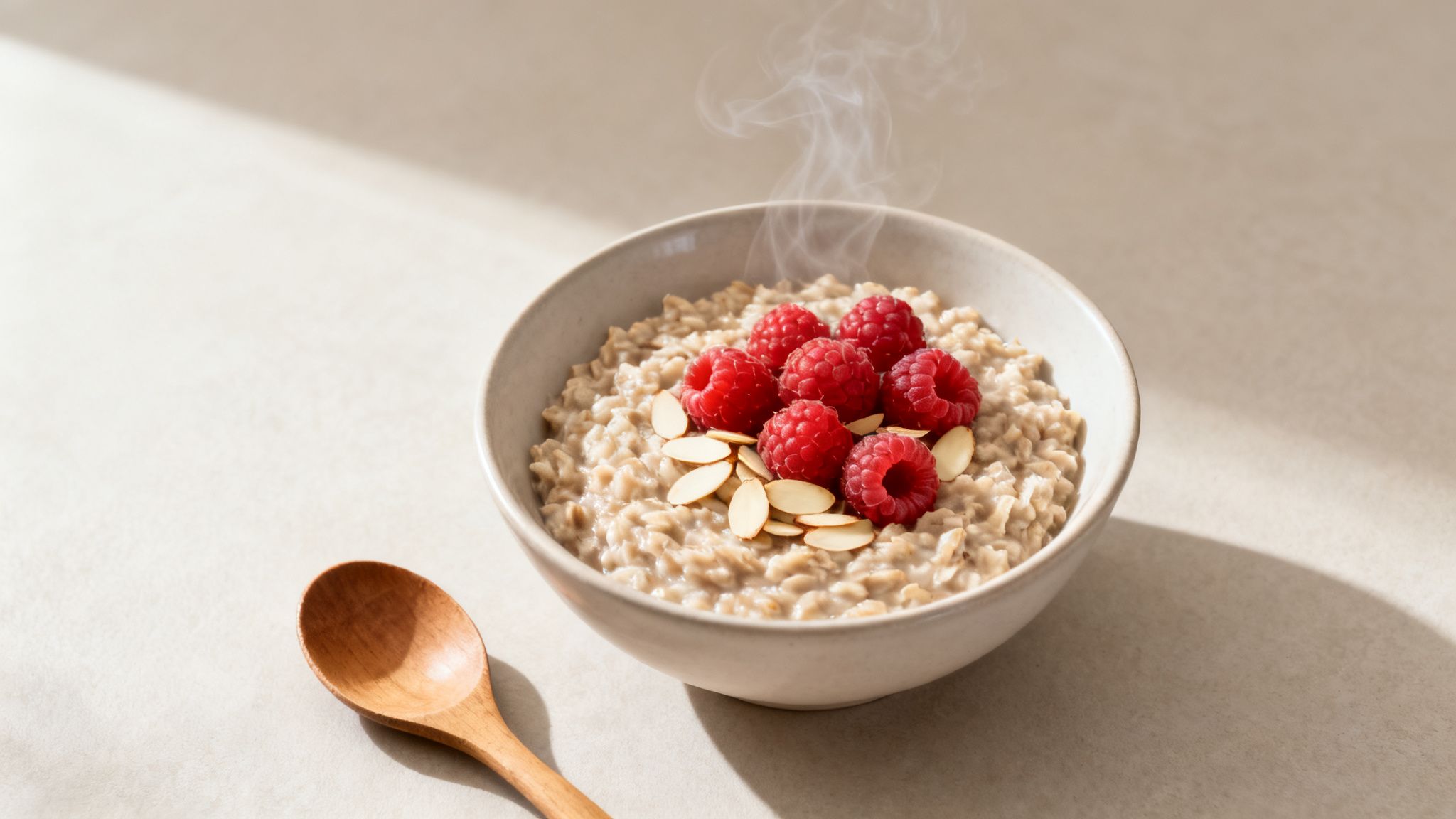 A steaming bowl of hot oatmeal topped with fresh red raspberries and almond slices.