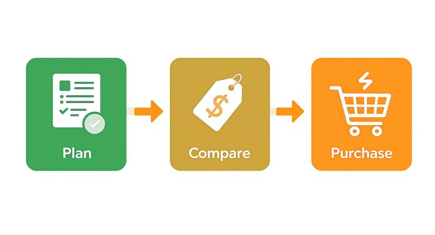 A diagram illustrating a three-step shopping process: Plan (checklist), Compare (price tag), and Purchase (shopping cart).