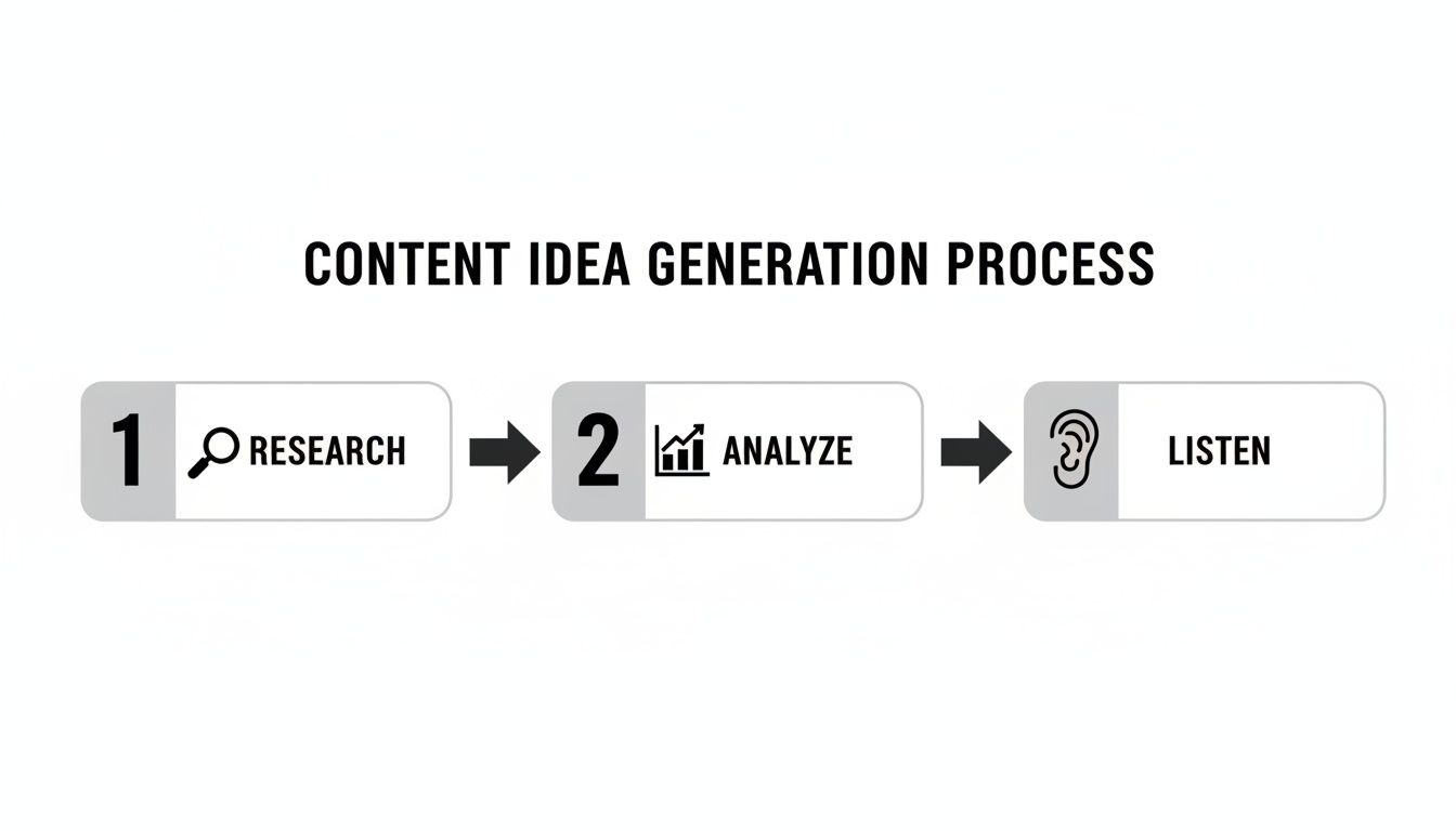 Flowchart illustrating the content idea generation process: Research, Analyze, and Listen with icons.