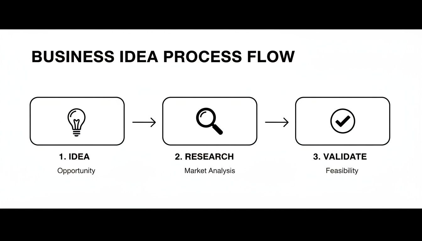 Flowchart illustrating a business idea process with steps: Idea, Research, and Validate.