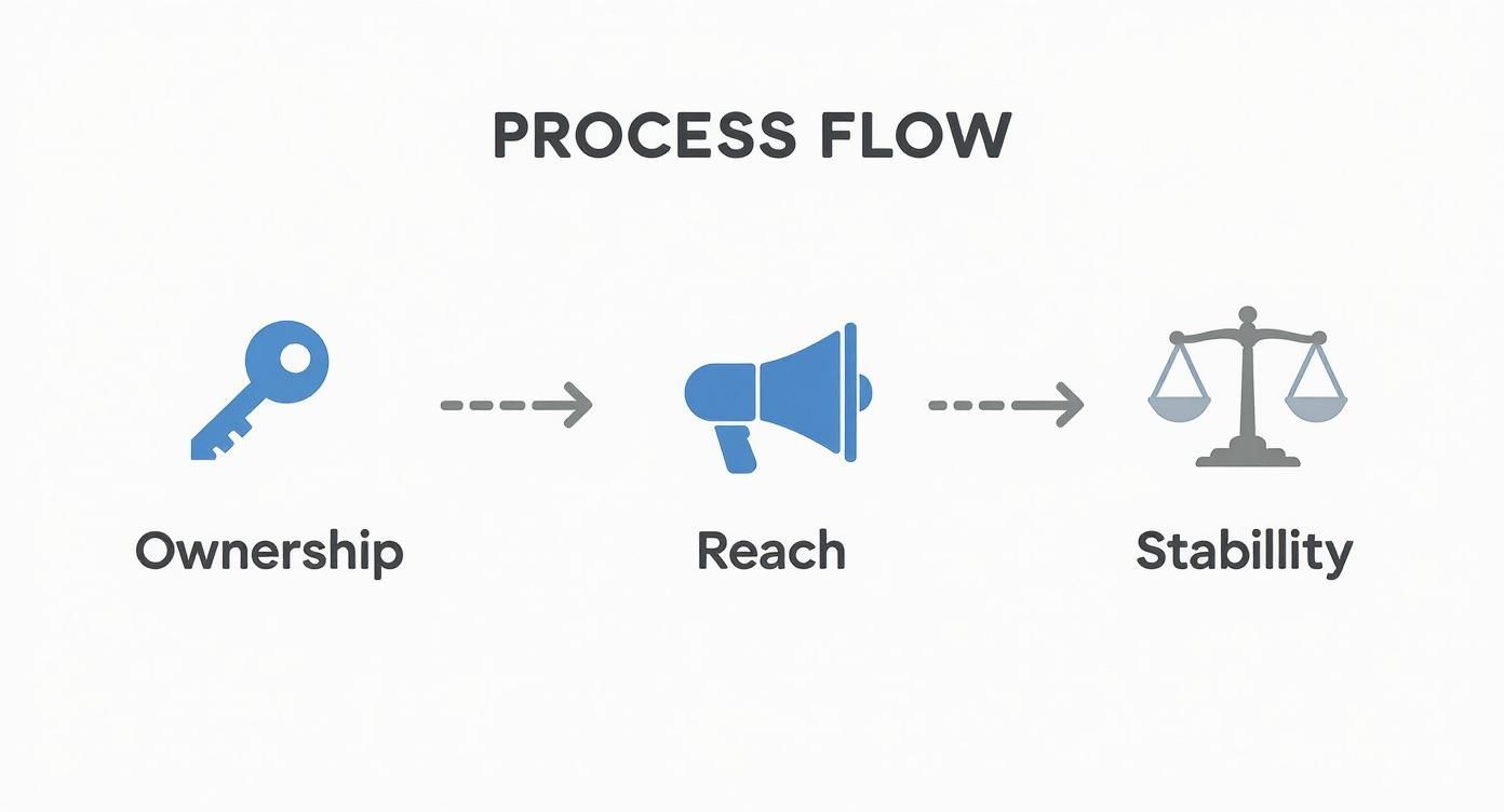A process flow diagram showing stages: Ownership (key), Reach (megaphone), and Stability (scales).