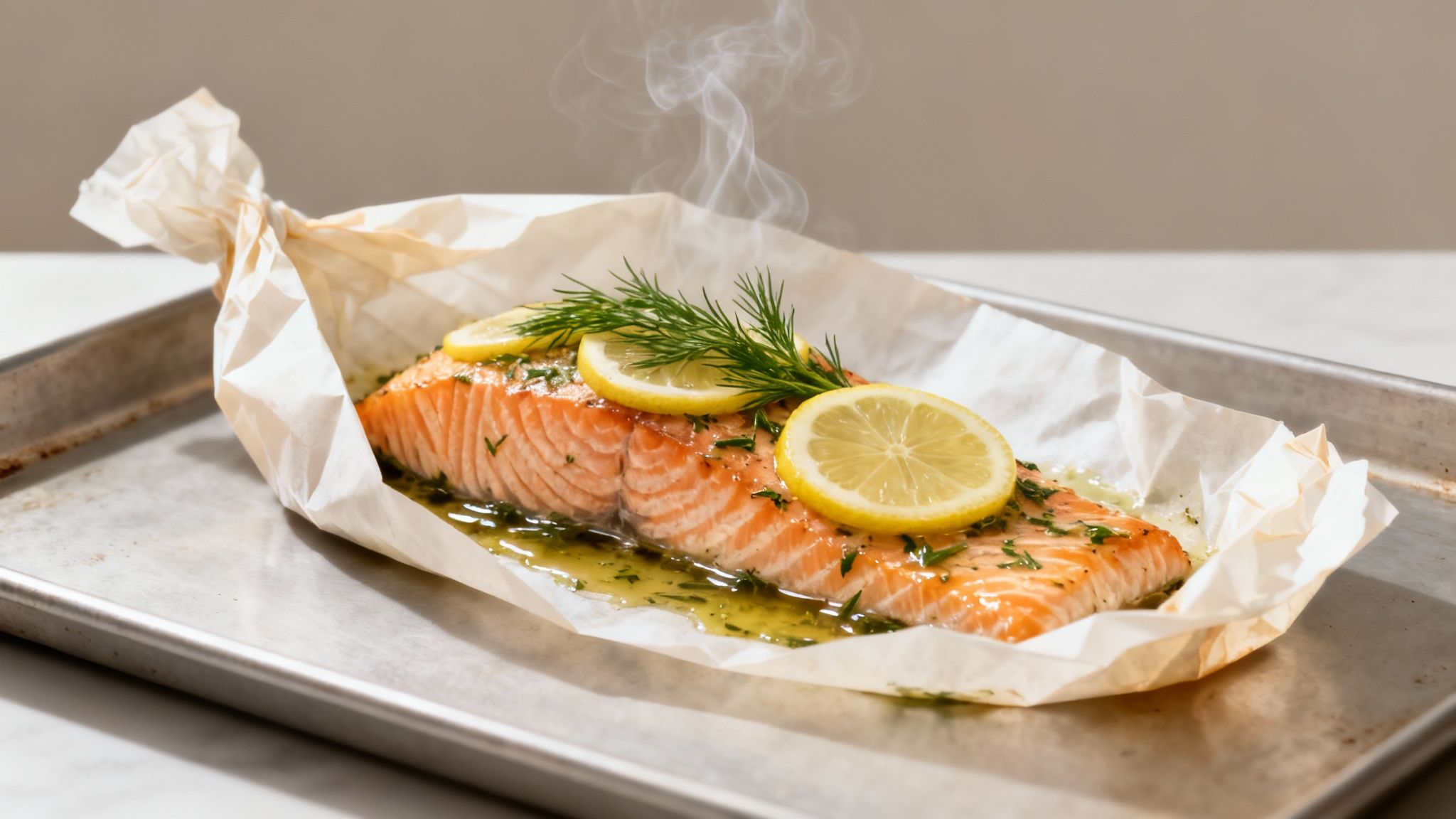 A steaming salmon fillet baked in parchment paper with fresh lemon slices and dill, on a metal tray.