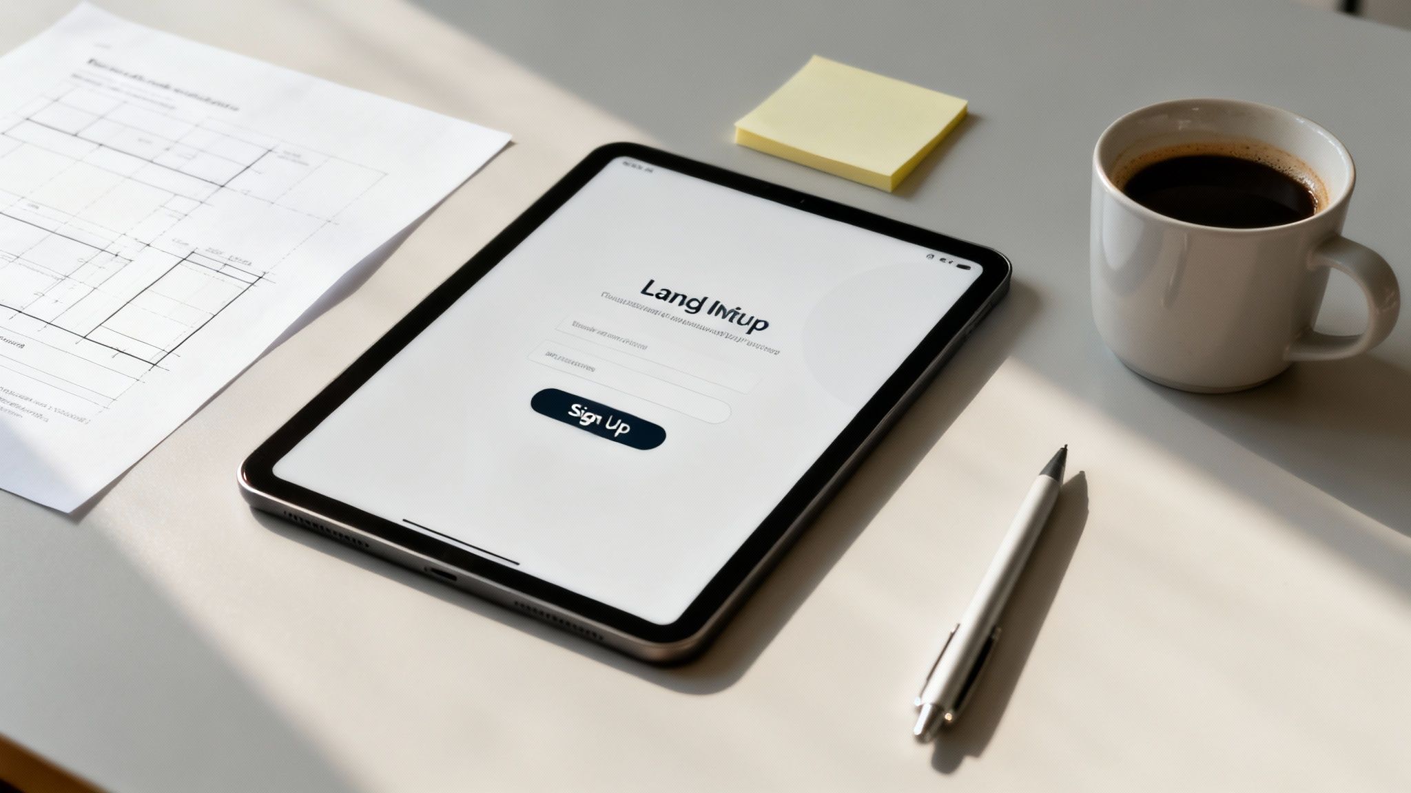 Overhead view of a tablet displaying a signup page, coffee, pen, sticky notes, and architectural drawing on a desk.