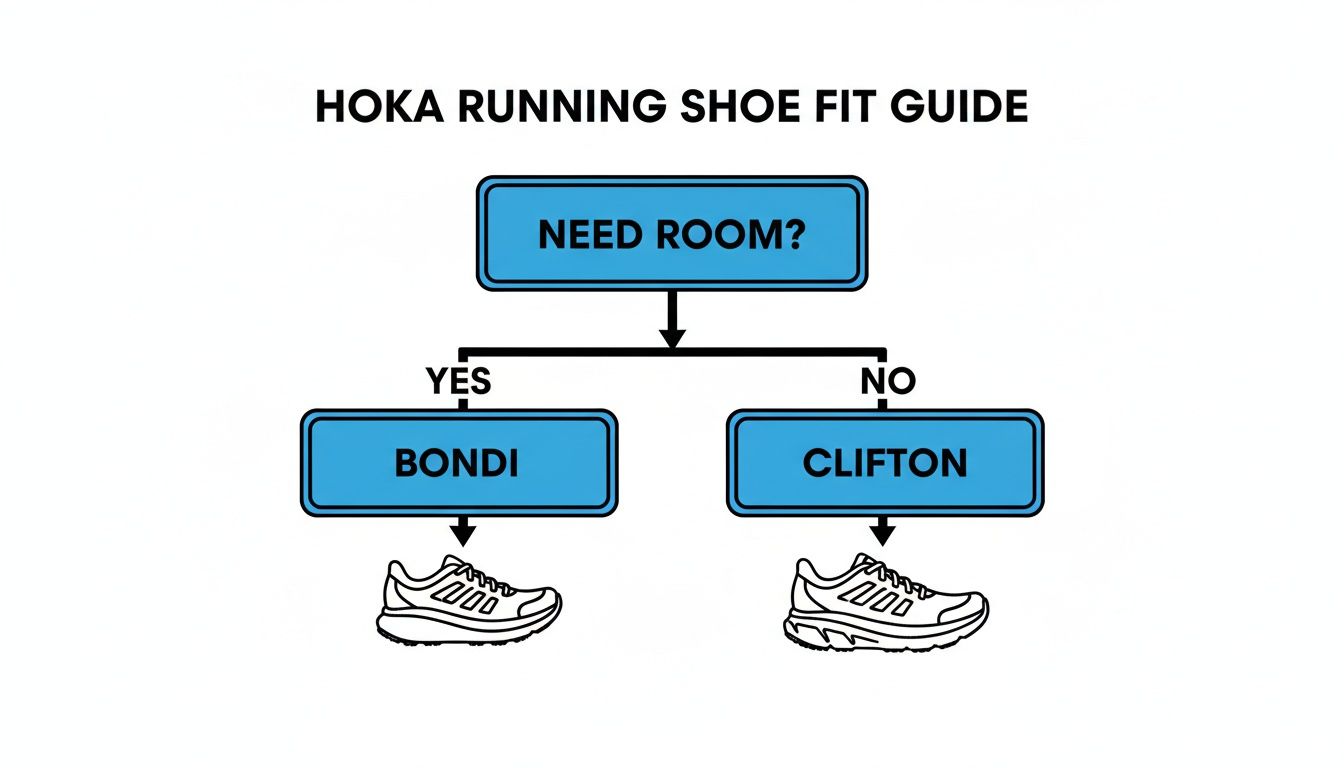 Hoka Running Shoe Fit Guide flowchart, suggesting Bondi if you need room and Clifton if not.