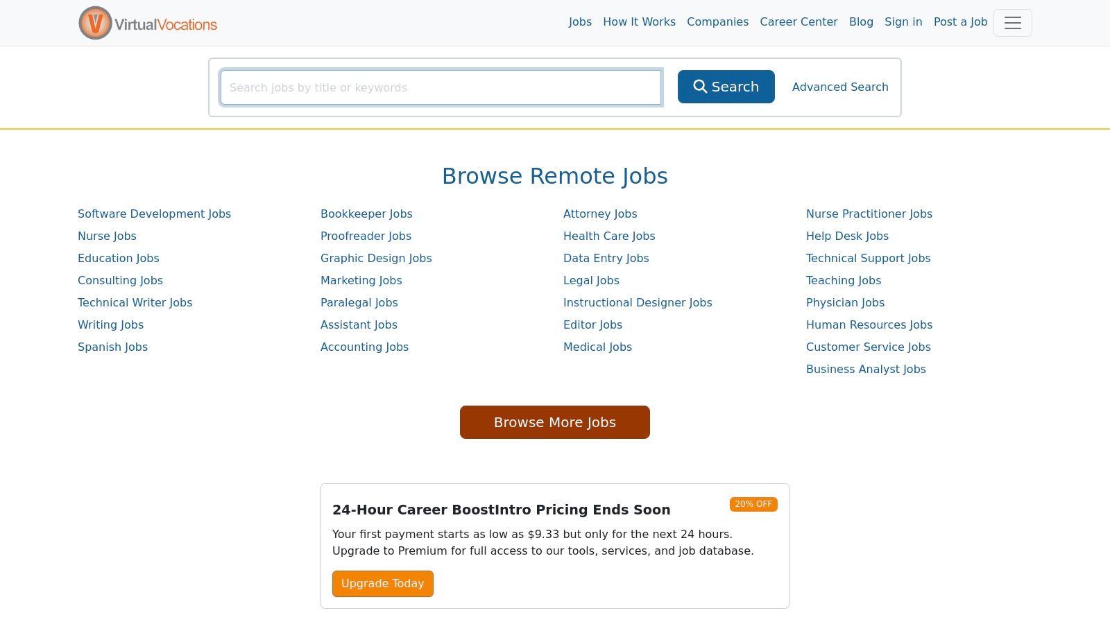 The Virtual Vocations website homepage displayed on a laptop, showing its focus on remote job opportunities.