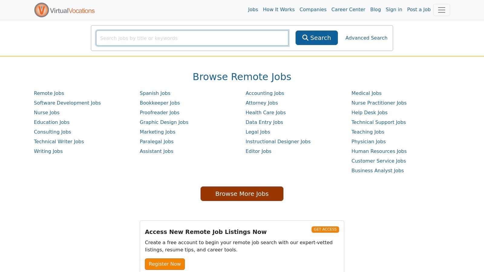 A screenshot of the Virtual Vocations website showing various remote job listings for beginners.