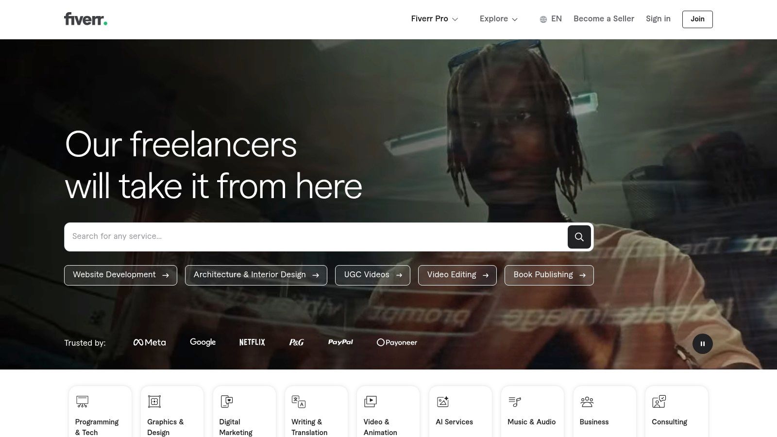 The Fiverr homepage showing various service categories, a key platform for online jobs for college students.
