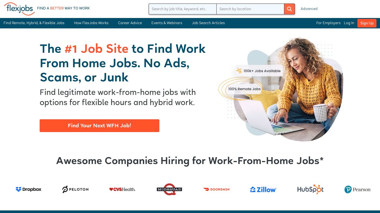 A student working on a laptop in a comfortable home setting, illustrating the appeal of remote online jobs.