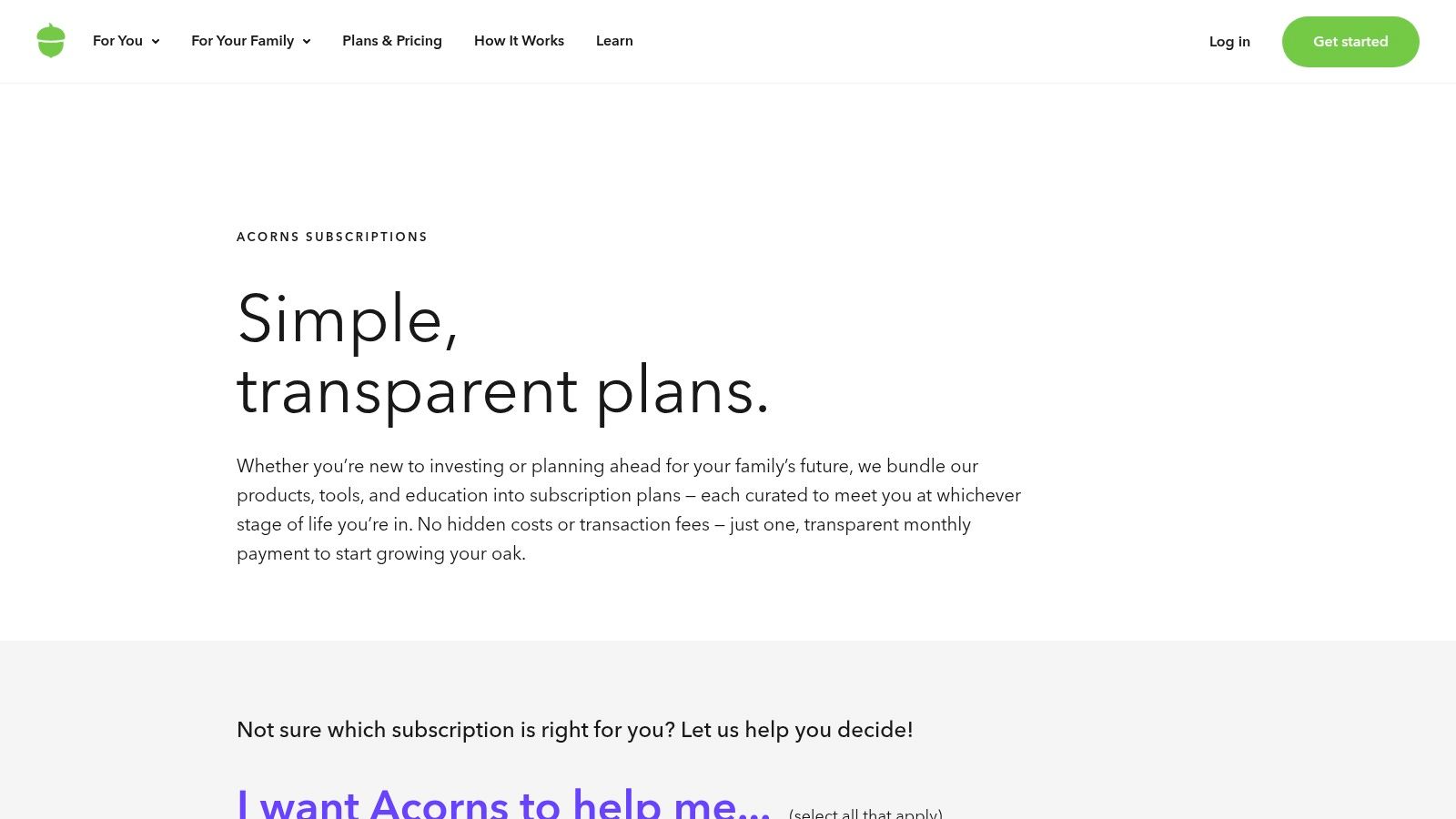 A screenshot of the Acorns app showing its different pricing plans and features.