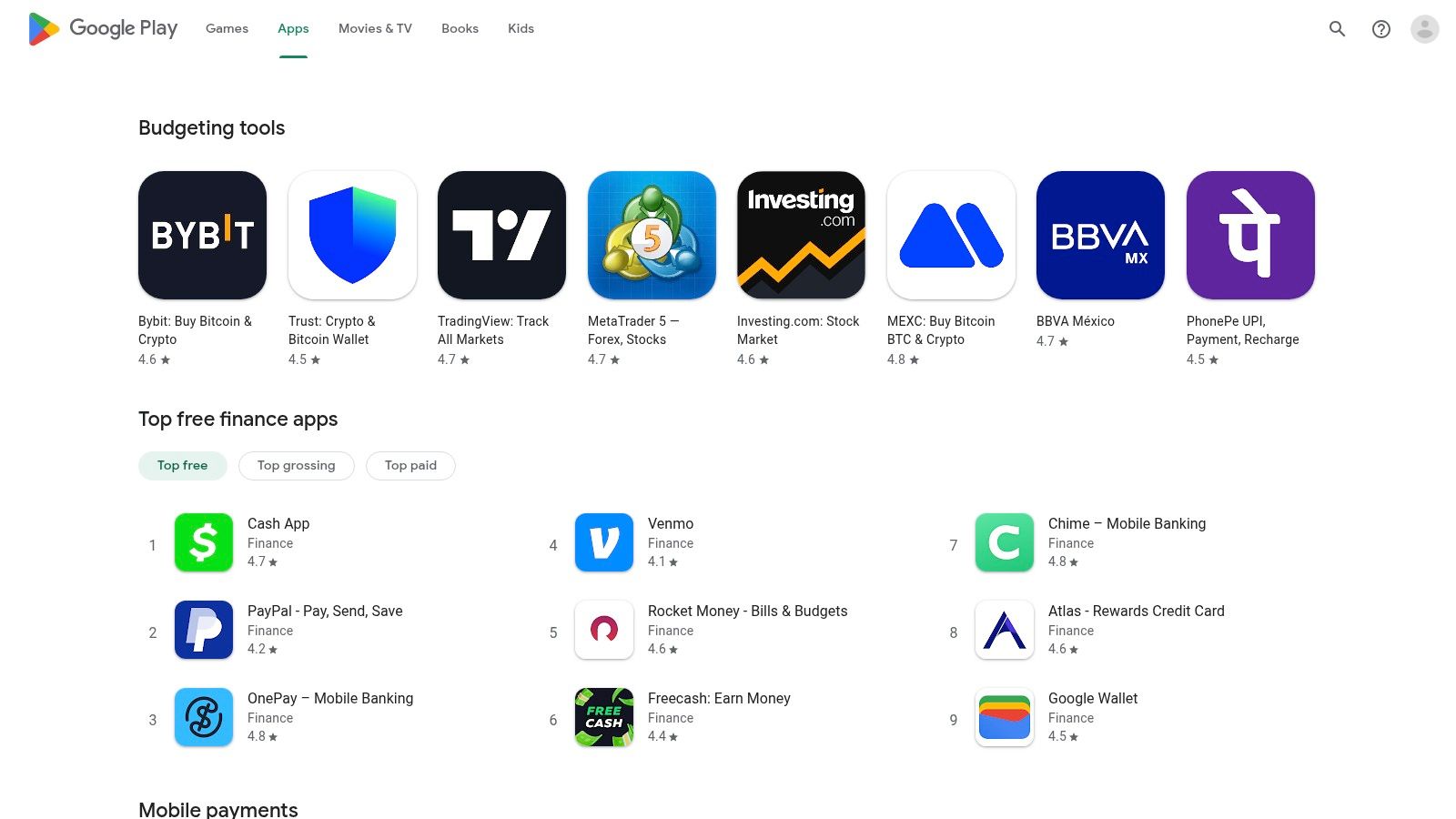 Google Play Store (Finance category)