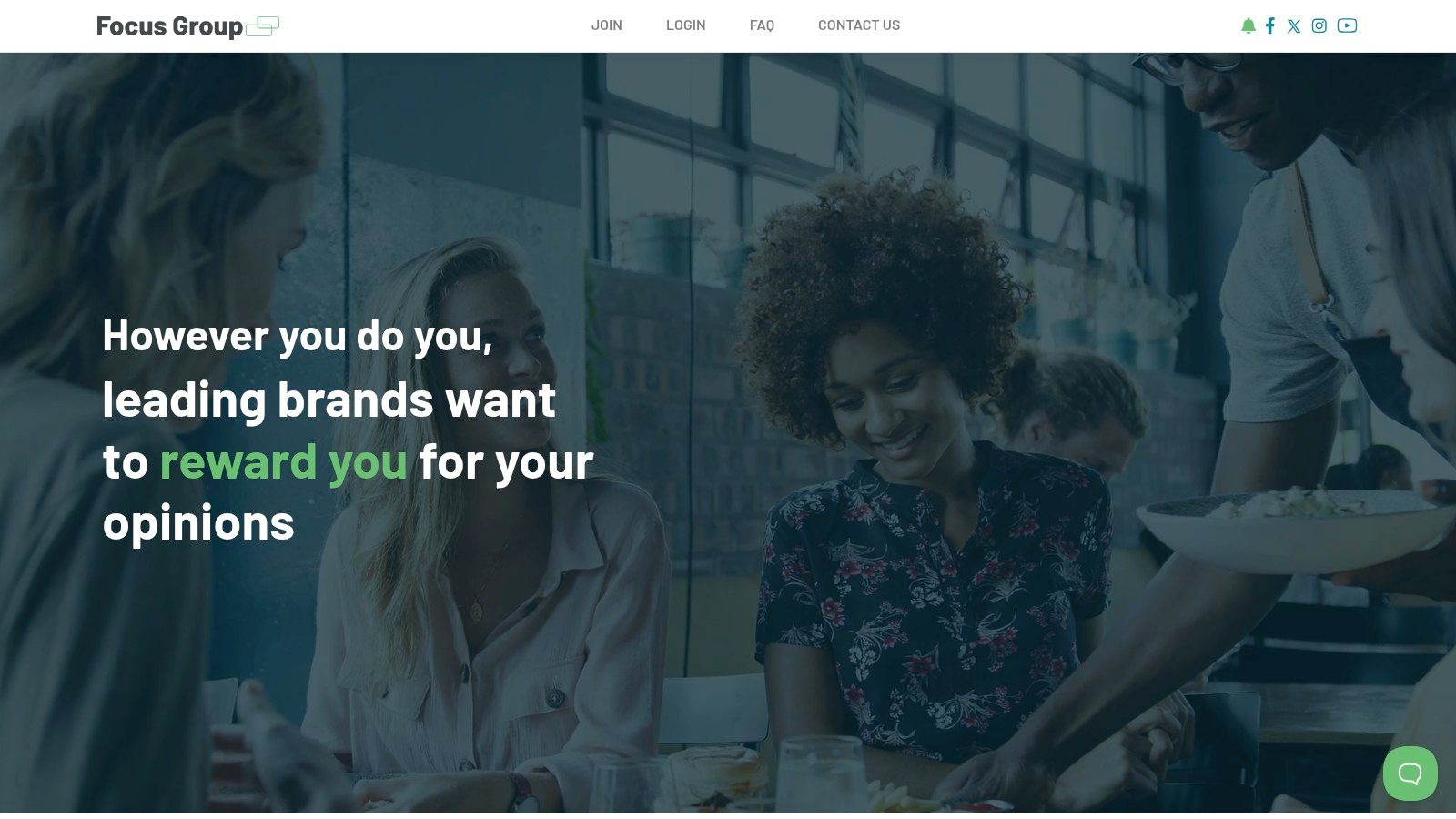 A screenshot of the FocusGroup.com homepage, highlighting the various research opportunities like online surveys and focus groups, demonstrating its place among the highest paying survey apps.