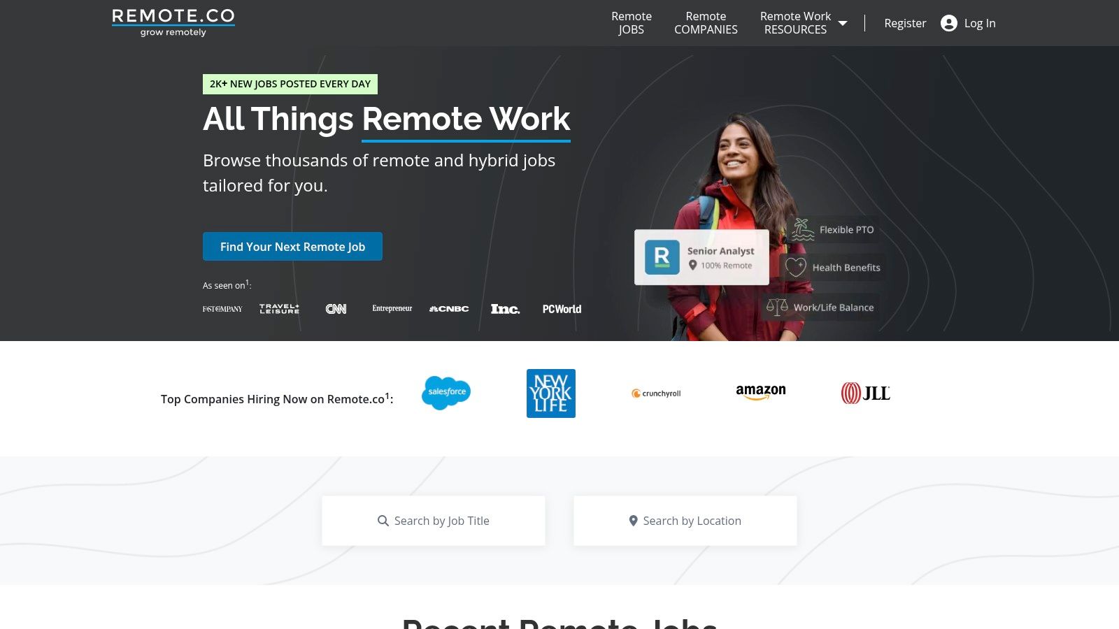 A person working on a laptop in a comfortable home office setting, with a focus on the Remote.co website interface on the screen.