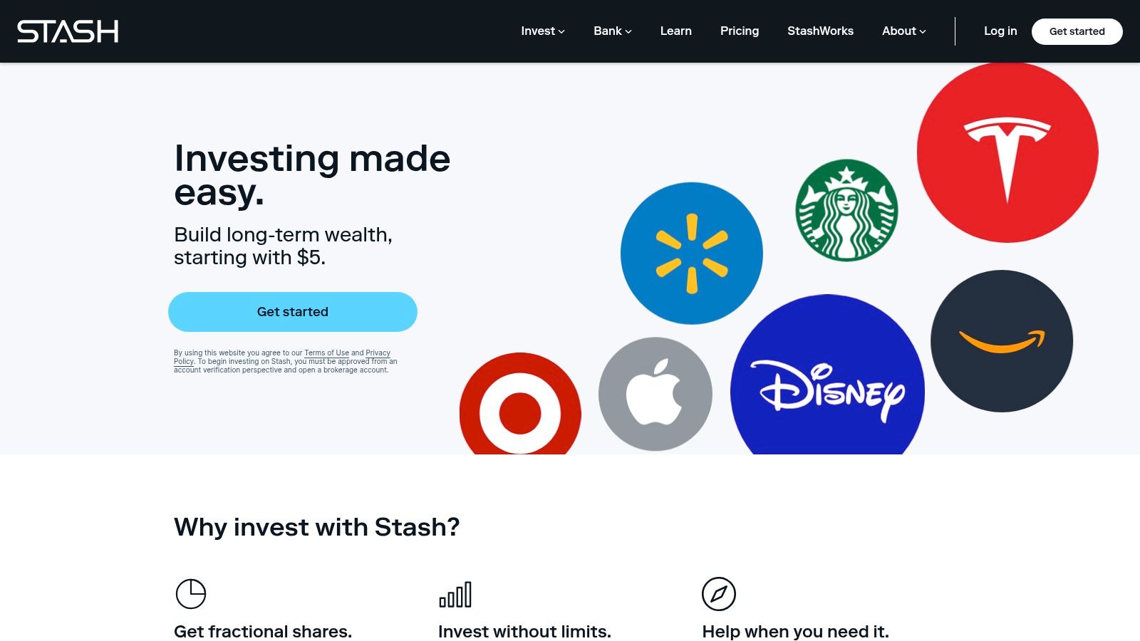 A screenshot of the Stash app interface showing a portfolio overview and investment options.