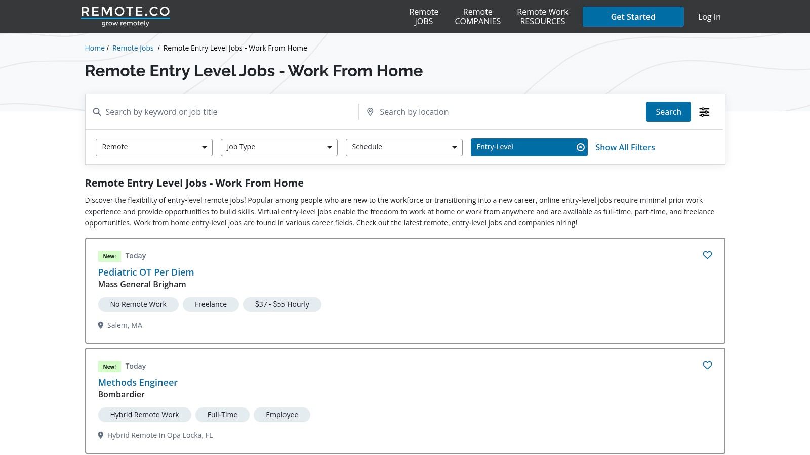 A screenshot of the Remote.co website showing entry-level remote job listings.