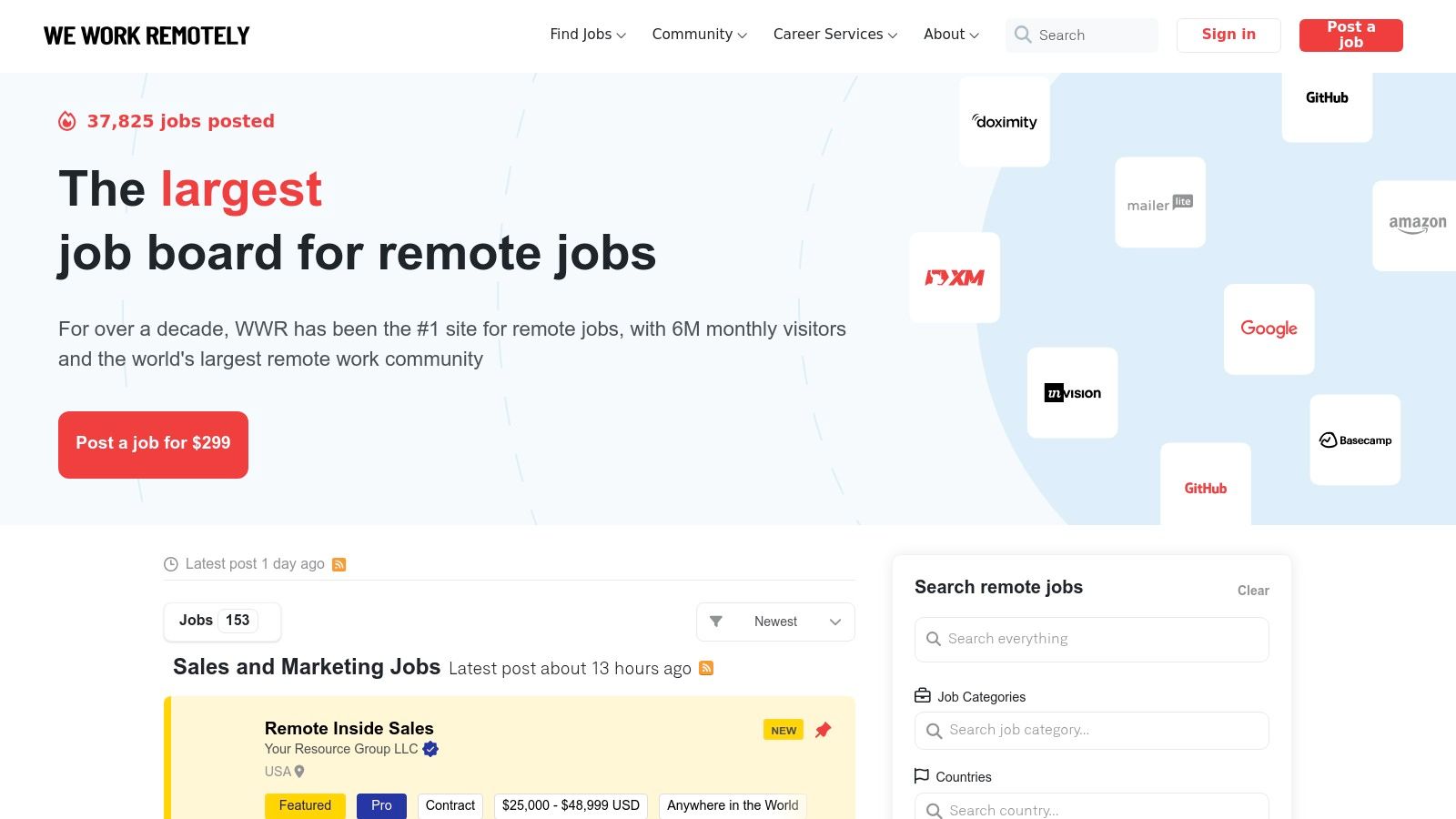 A screenshot of the We Work Remotely website showcasing its job listings for online jobs for beginners.