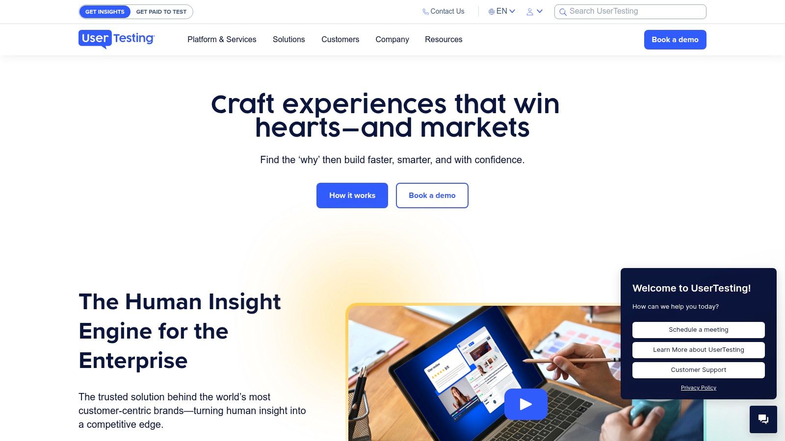 A screenshot of the UserTesting website homepage, illustrating how it connects businesses with real users for product feedback, qualifying it as one of the highest paying survey apps.
