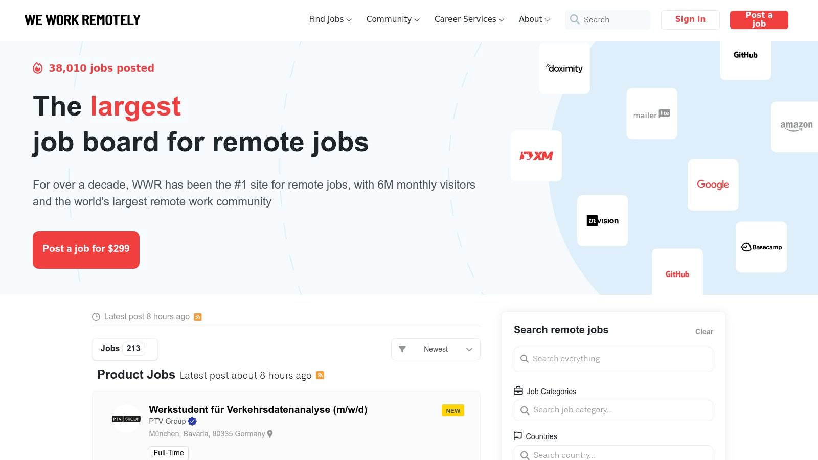 We Work Remotely logo on a laptop screen with a blurred office background