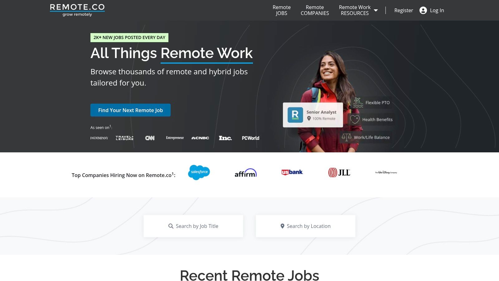 Remote.co interface showing a list of part-time remote job opportunities