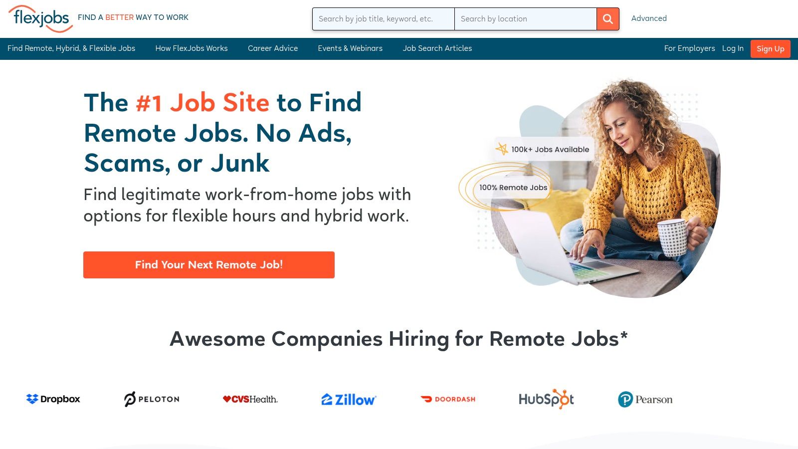 FlexJobs job search interface showing remote job listings