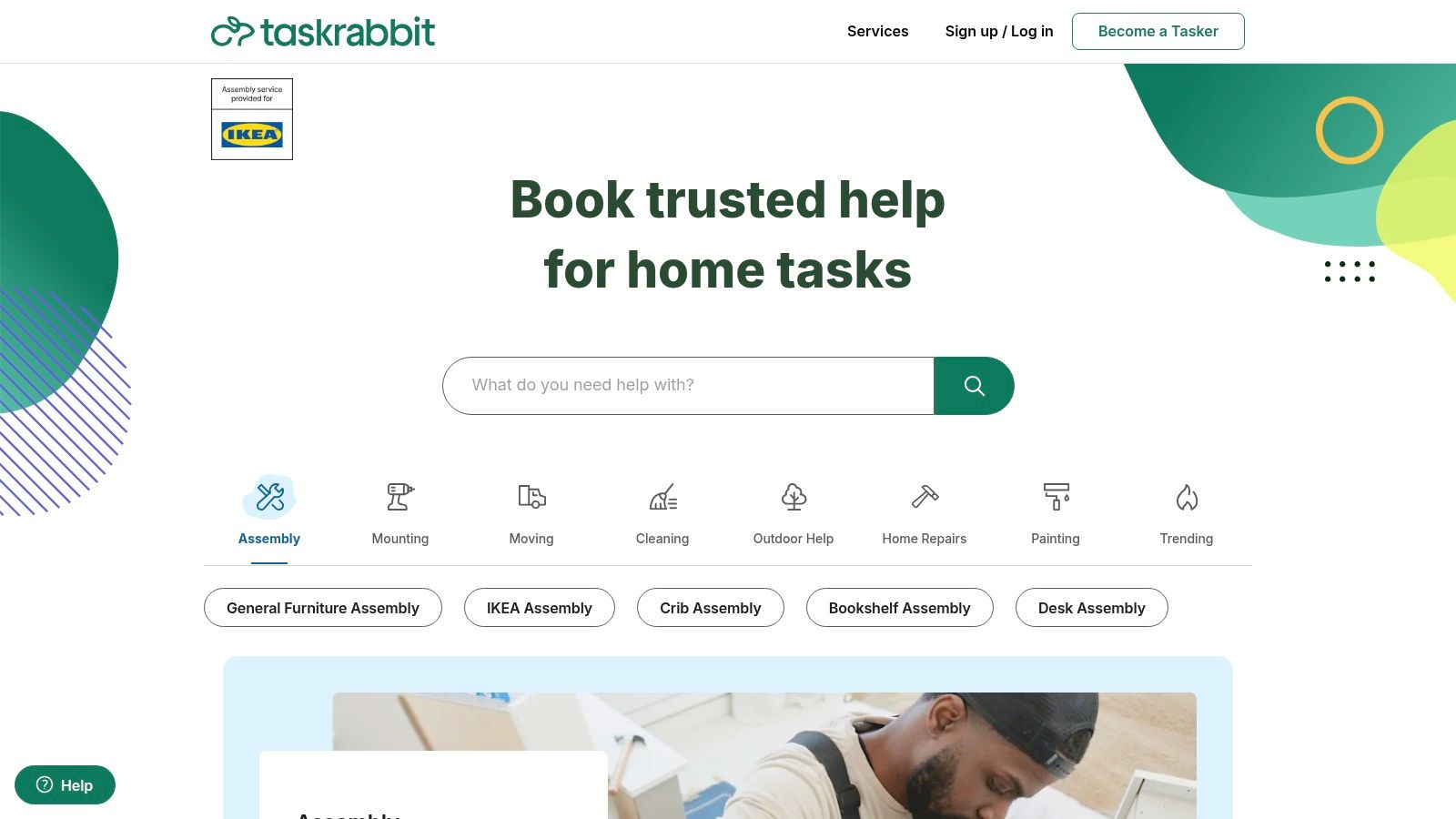 Taskrabbit homepage showing various task categories like cleaning, handyman, and moving