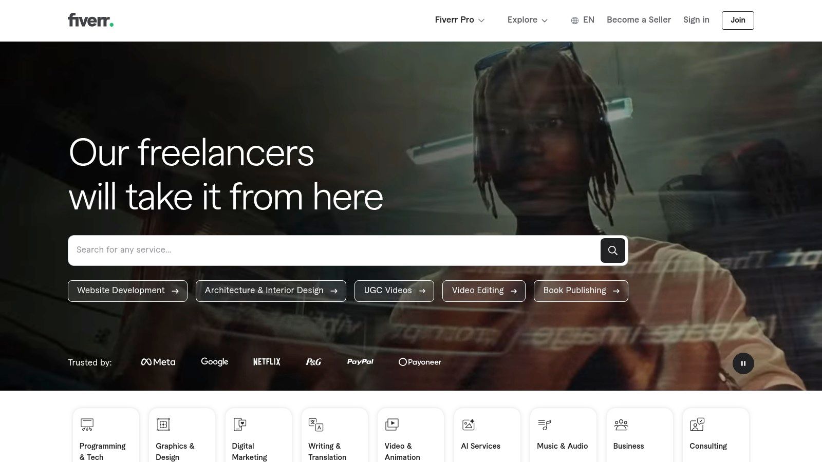 A screenshot of the Fiverr website homepage showing various service categories for online jobs for beginners.
