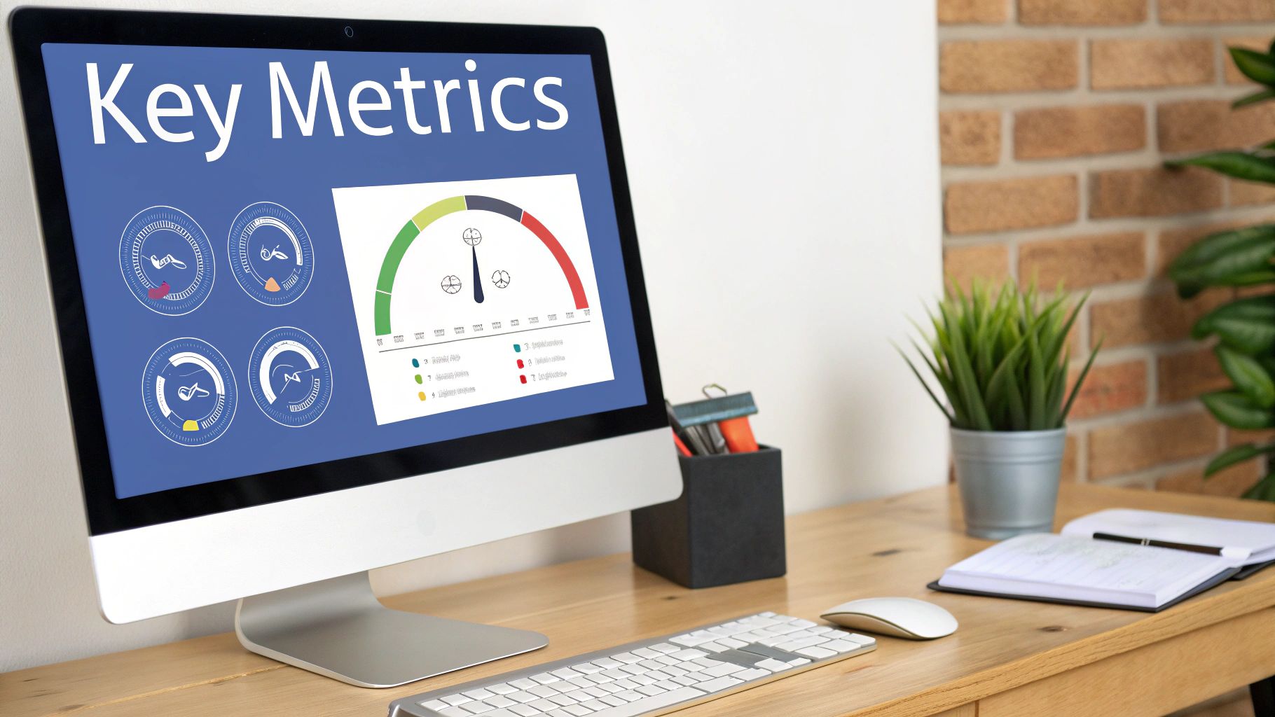 A computer screen displays 'Key Metrics' dashboard with various data visualizations, including gauges and charts.
